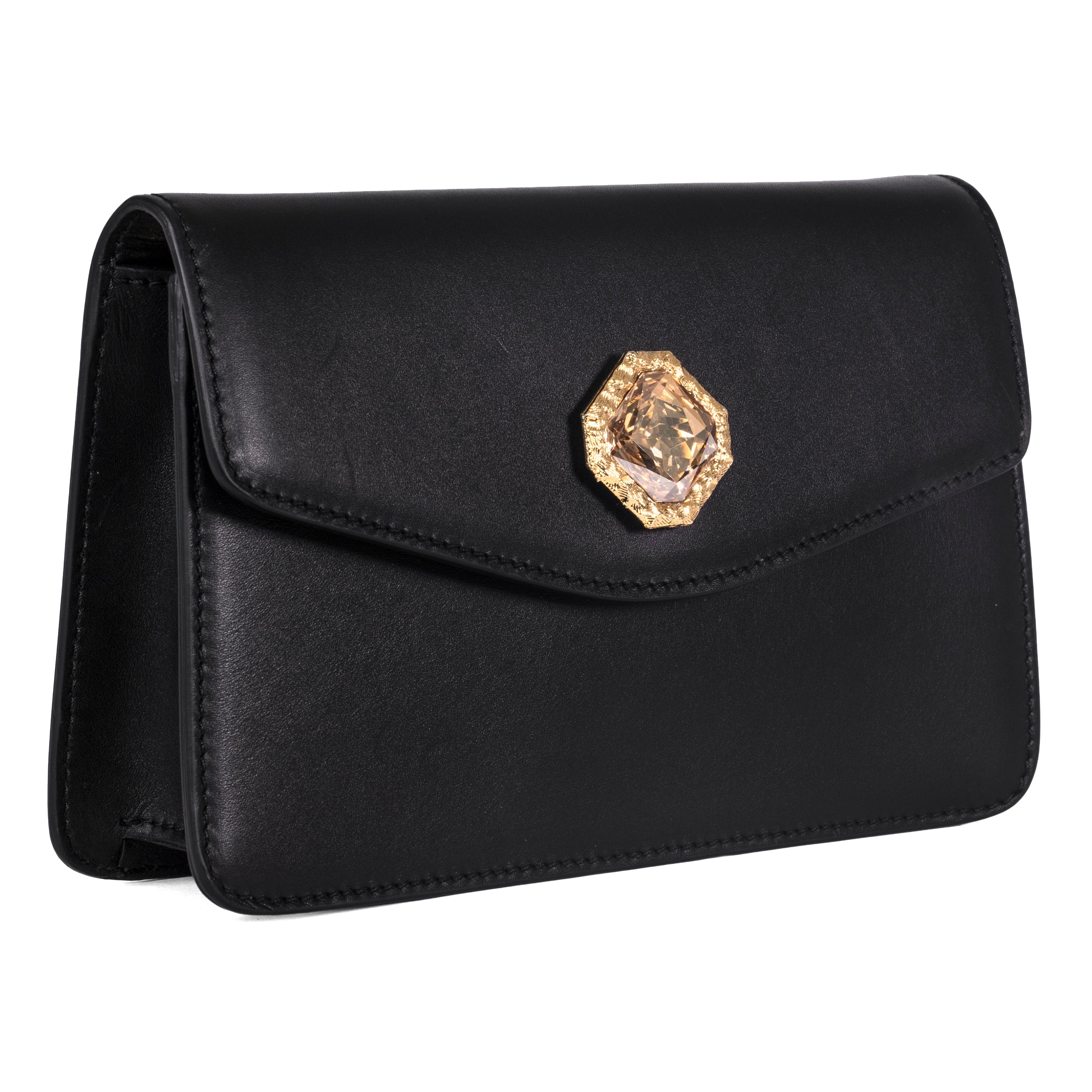 Black leather clutch with central Swarovski stone and gold chain