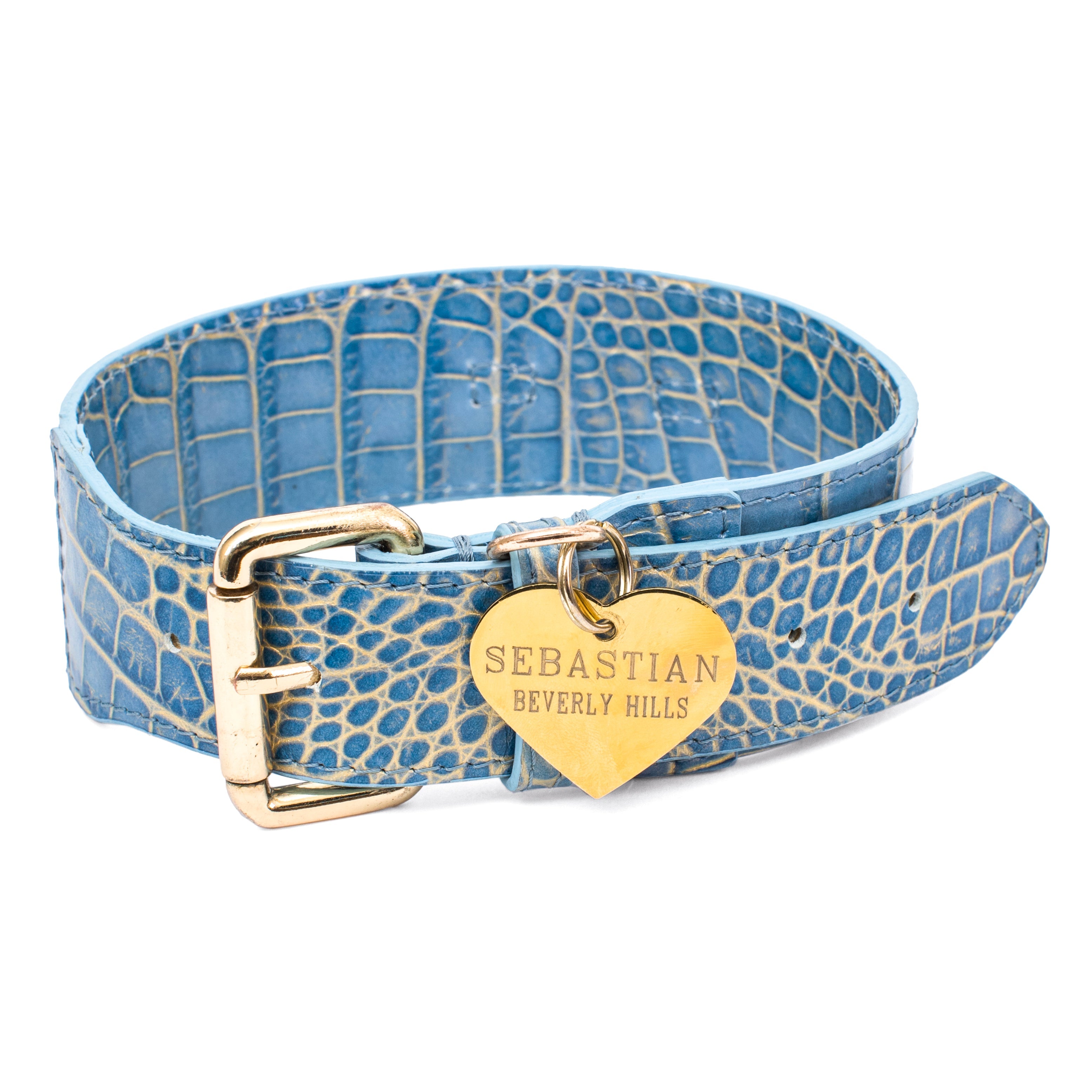 Blue faux crocodile dog collar with gold hardware and embossed detailing