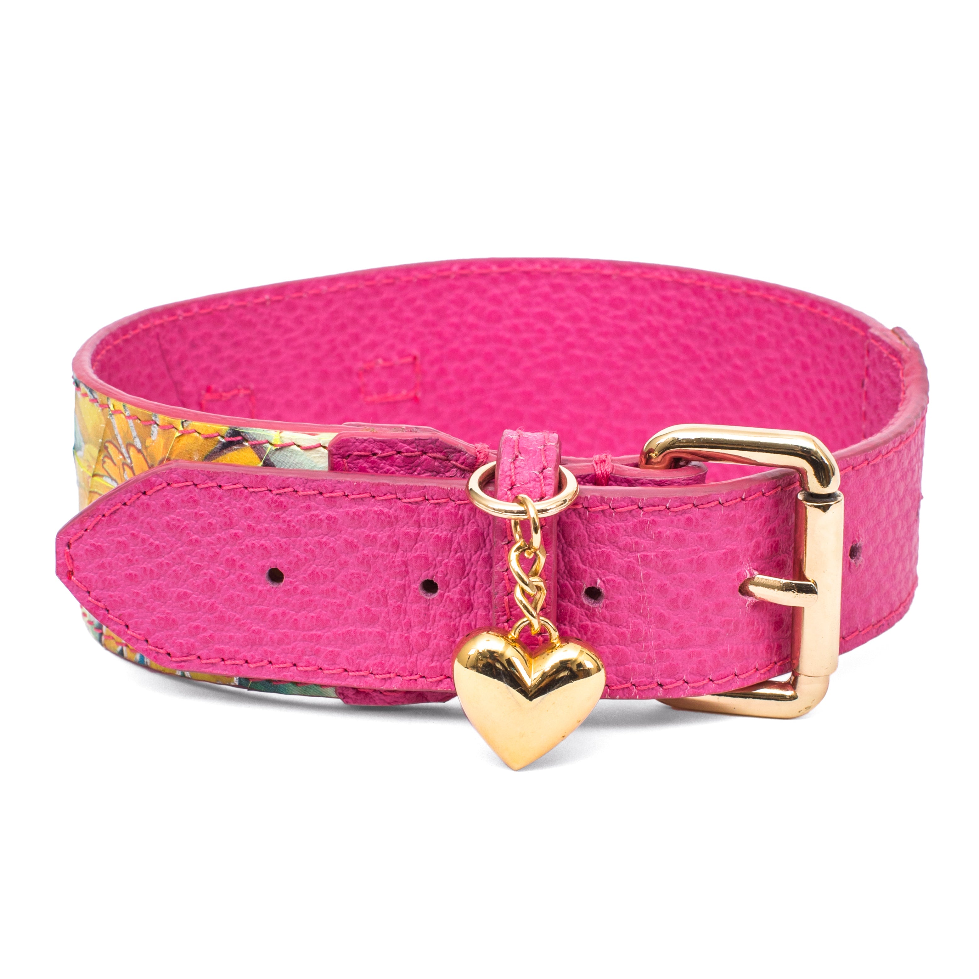 Luxury Pet Fashion Fuchsia Floral Italian Leather Dog Collar featuring custom gold heart hardware