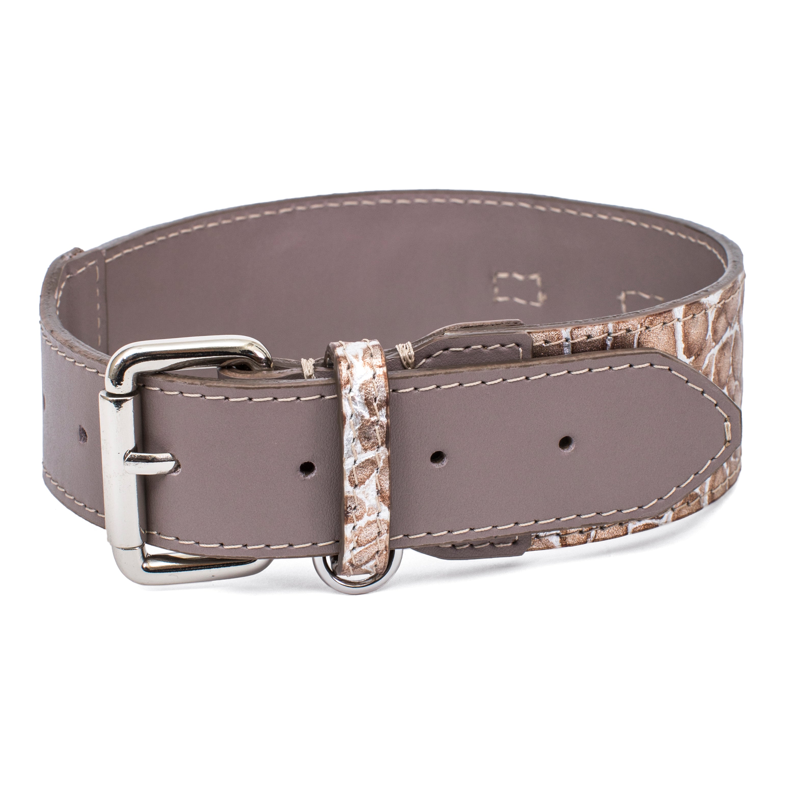 Taupe Italian leather dog collar embossed with silver and gold croc pattern featuring a silver buckle