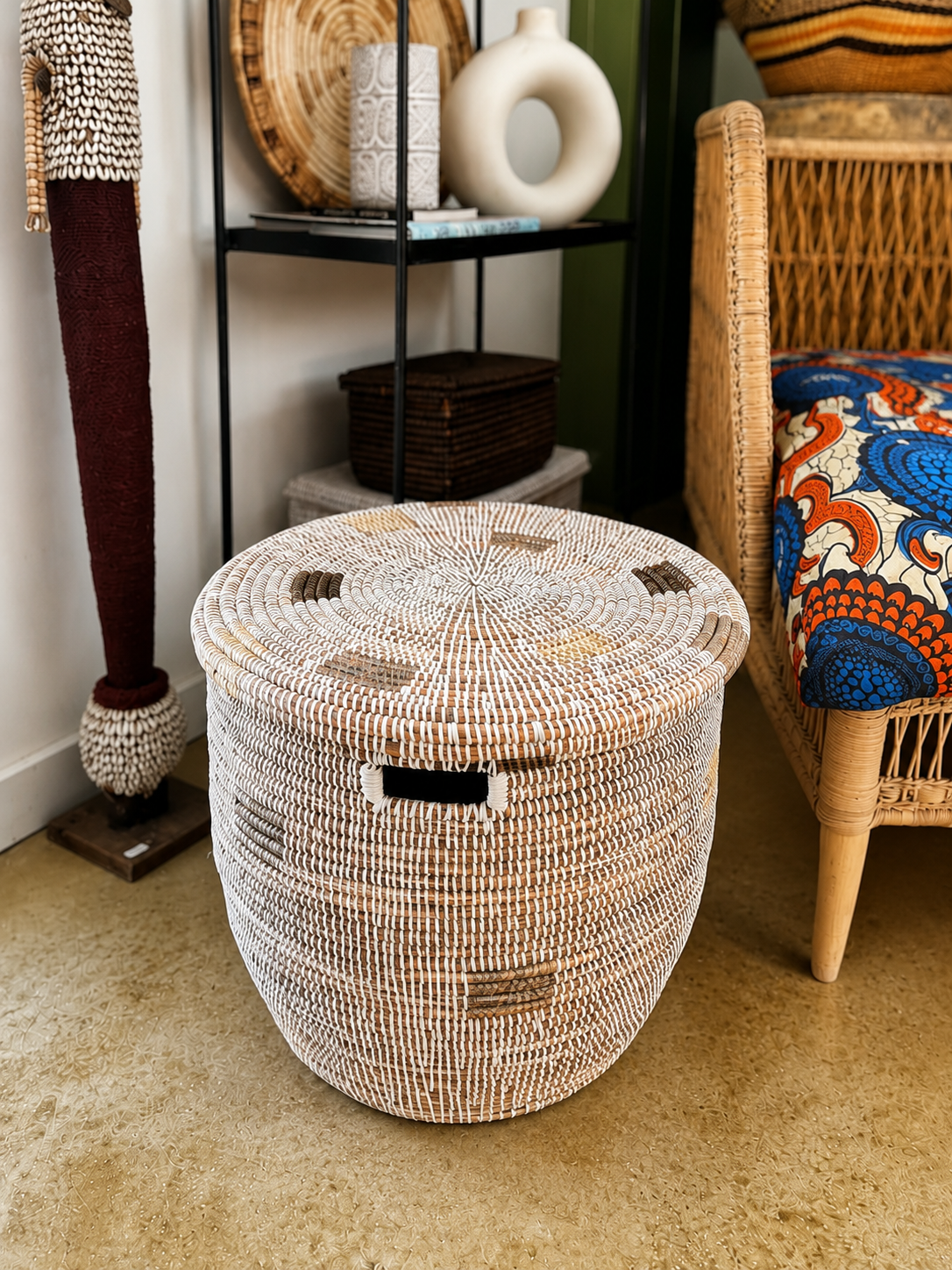 Minimalist White Round Basket with Gray Squares by Mbare Ltd - product image 3 for Resin Society