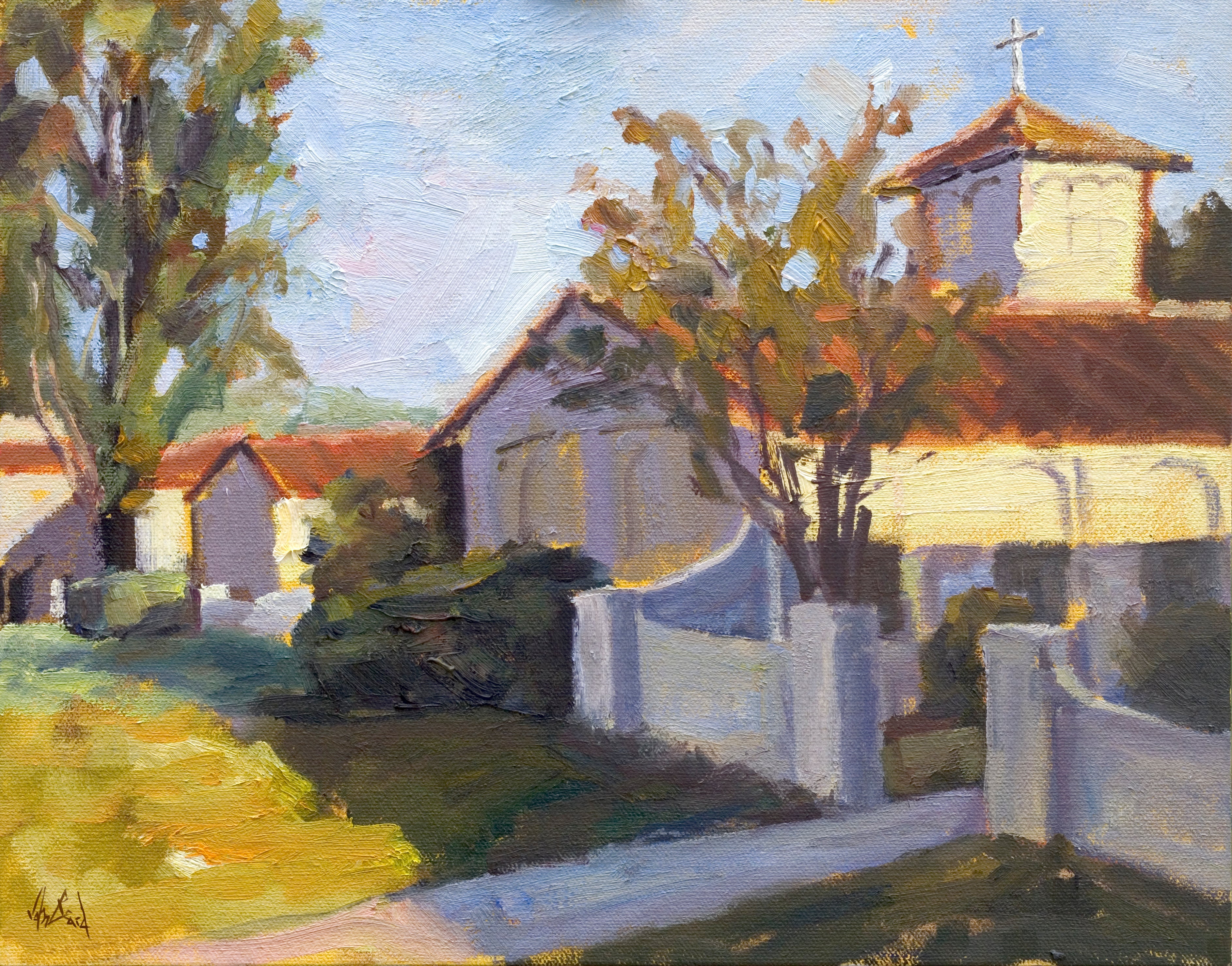 San Jose Villa Enhanced Canvas Print by John Beard showing a vibrant coastal village scene in warm tones