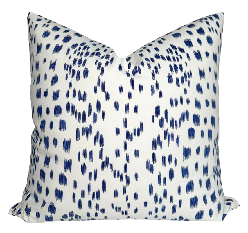 Les Touches Pillow Cover in Blue showing printed fabric front and ivory linen backing
