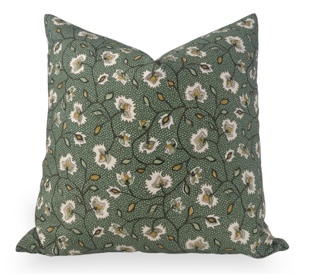 Chelsea Pillow Cover in Emerald with a vibrant green print front and ivory linen back