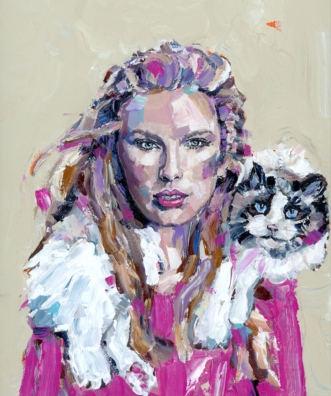 Taylor Swift & Cat Fine Art Print by Chelsea McShane Art showing Taylor Swift lying beside a cat with expressive eyes, on premium art paper with white border.