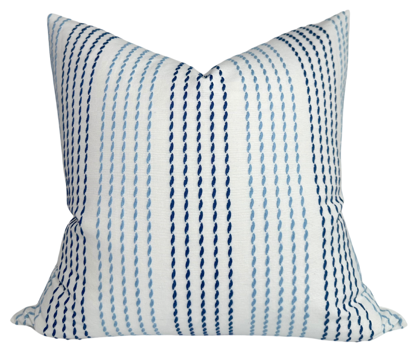 Running Stitches Pillow Cover in blues pattern front and ivory linen back