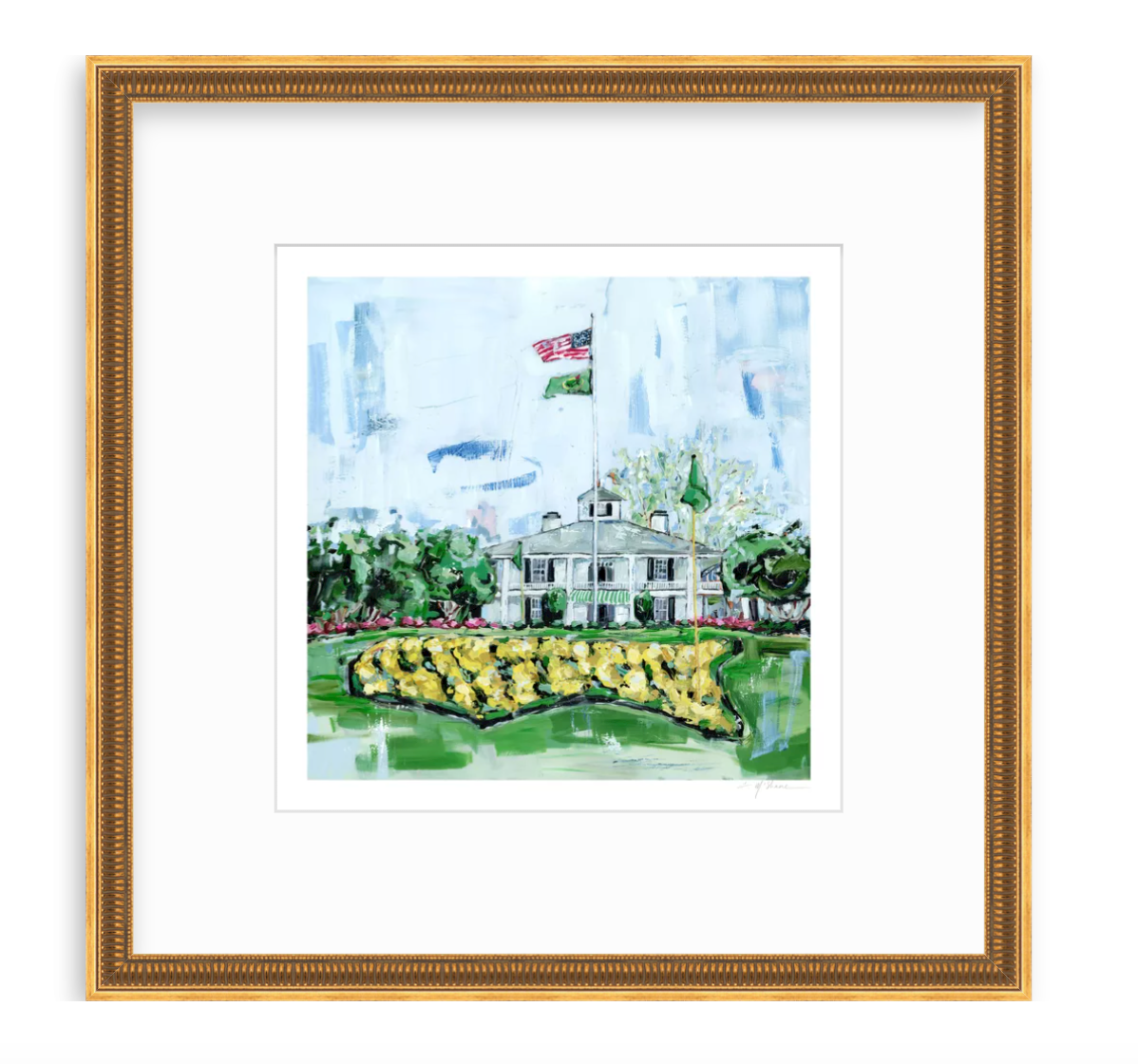 The Clubhouse Fine Art Print showing an abstract colorful painting of a golf clubhouse with expressive brushstrokes