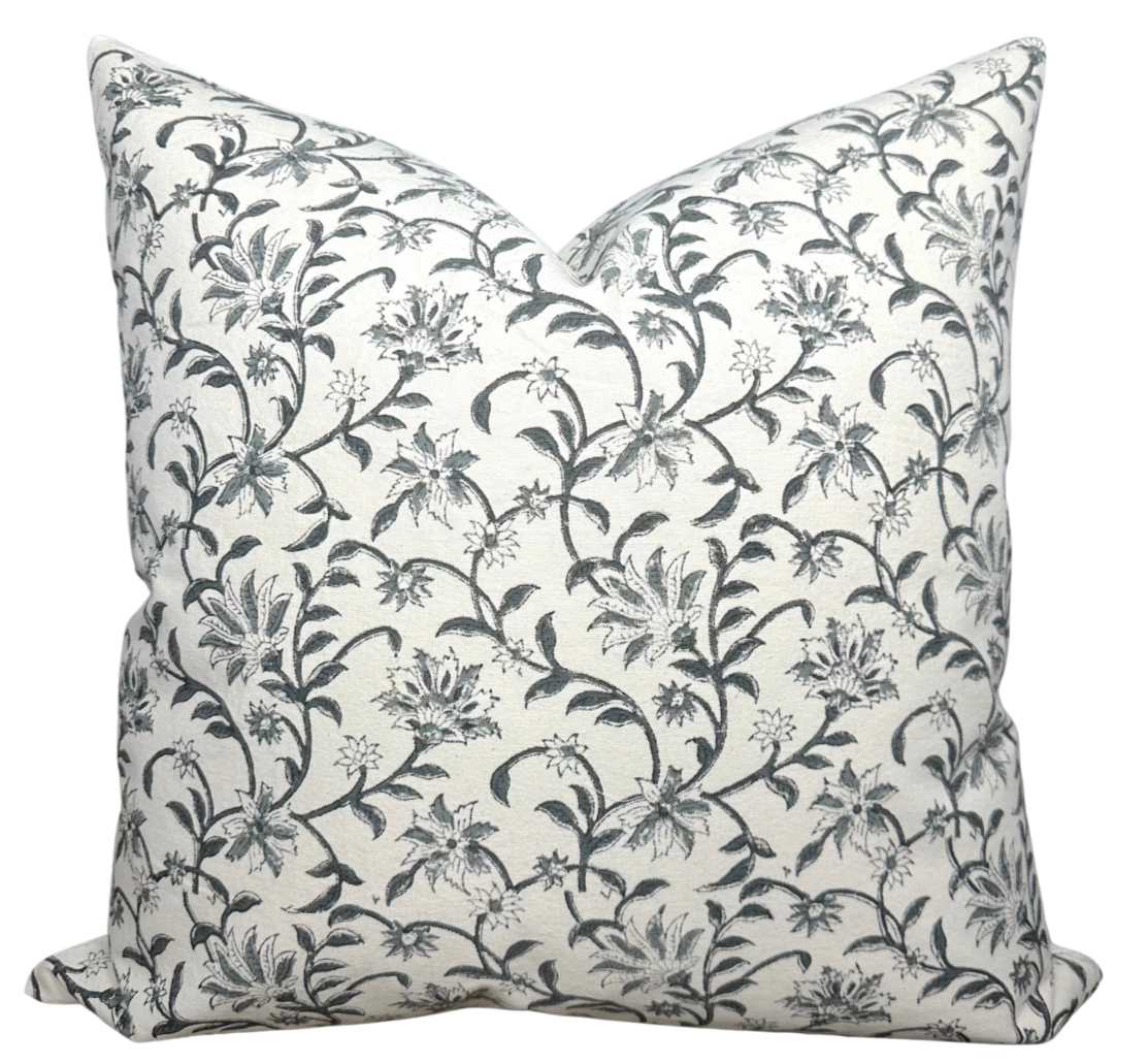 Vine Floral Print Pillow Cover in Indigo on Natural, showing indigo floral pattern on front and ivory linen fabric on back