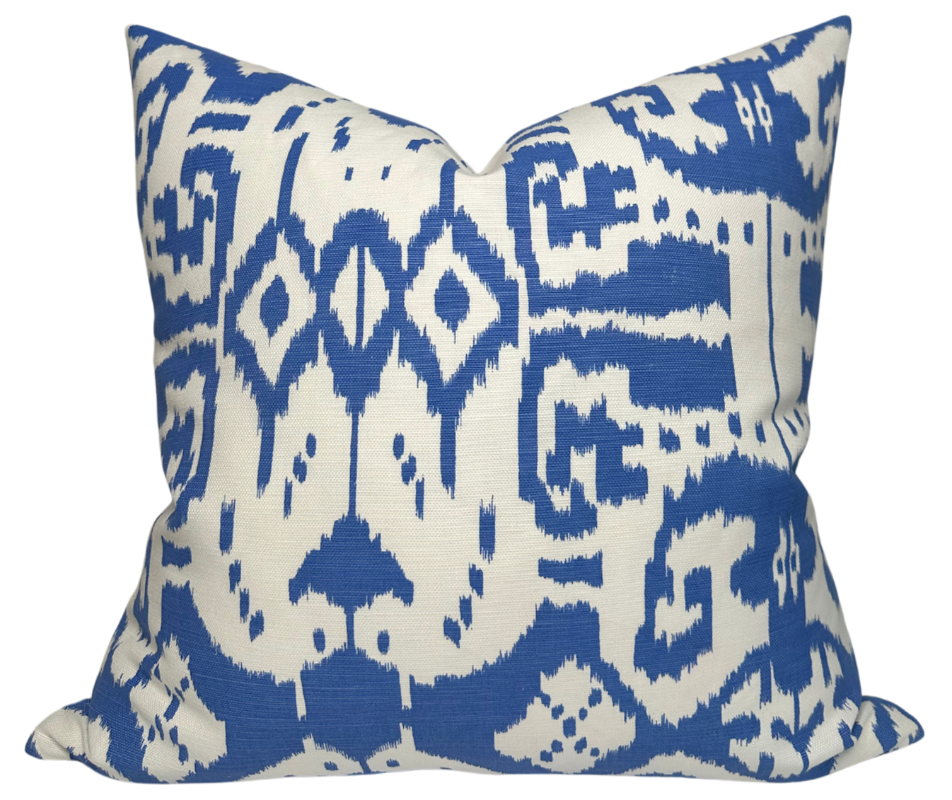 Island Ikat Pillow Cover in Royal Blue showing ikat pattern on front and ivory linen fabric on back