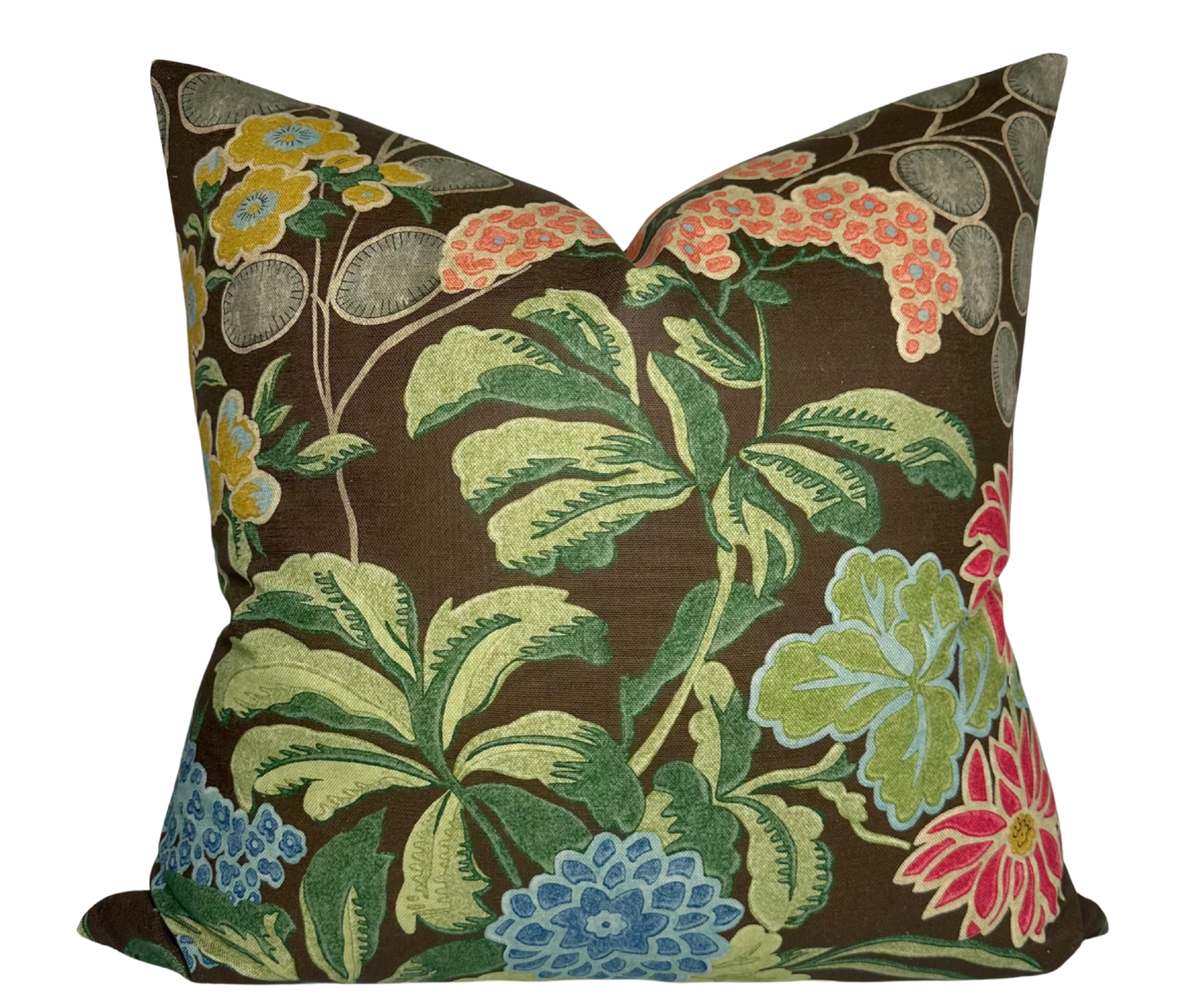 Meadow Floral Pillow Cover in Brown with floral pattern on front and ivory linen back