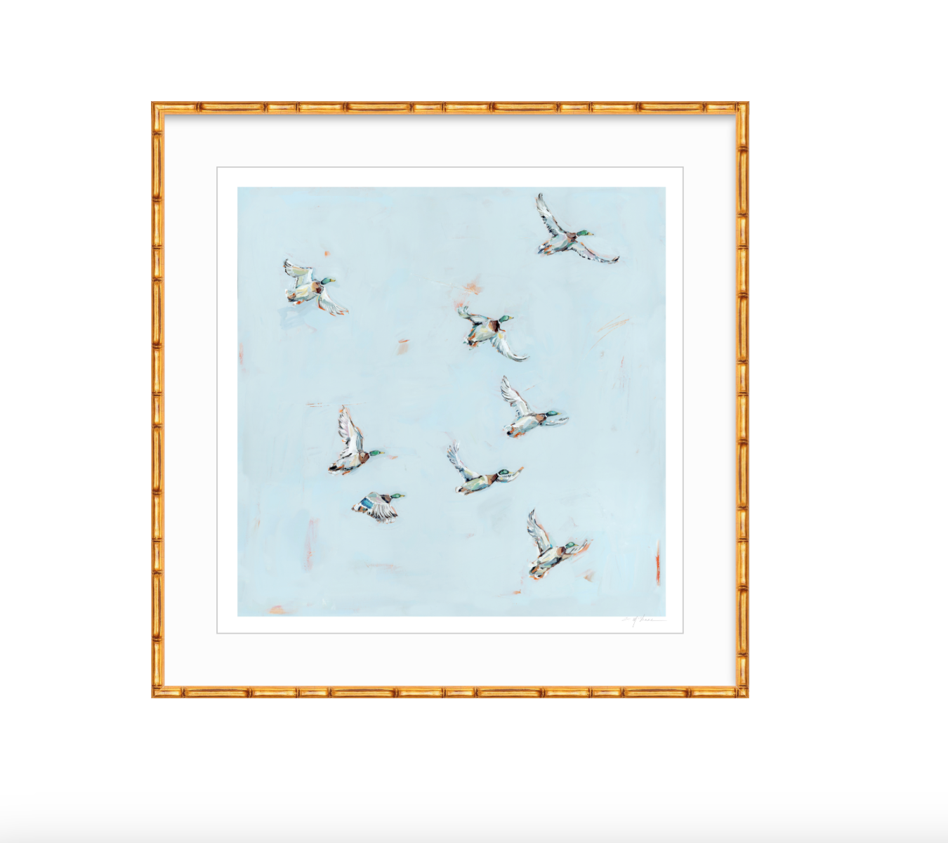 Free Flying Ducks Fine Art Print showing flying ducks over water, by Chelsea McShane Art