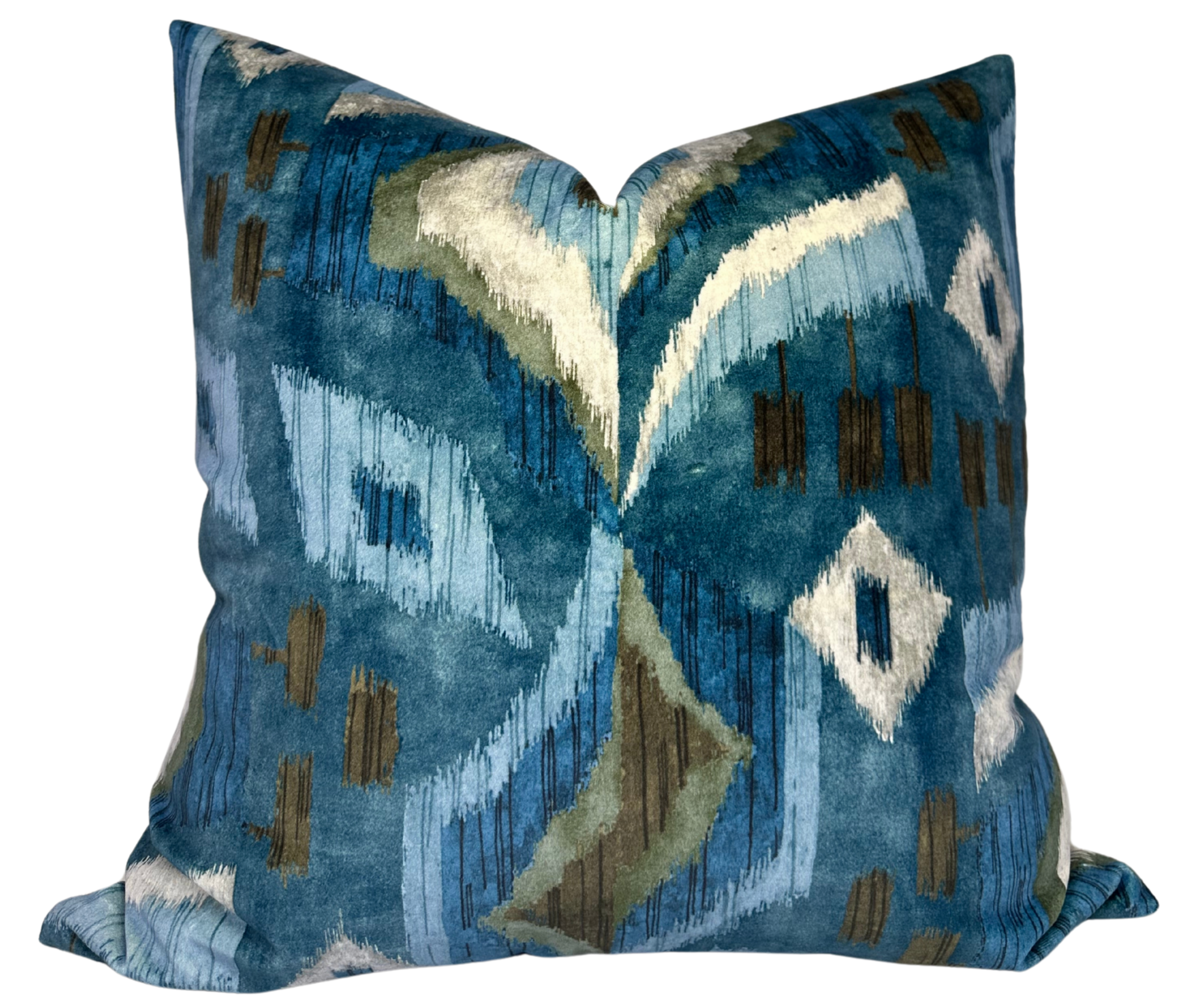 Artesian Velvet Pillow Cover in Mineral Blue with abstract pattern and ivory linen back