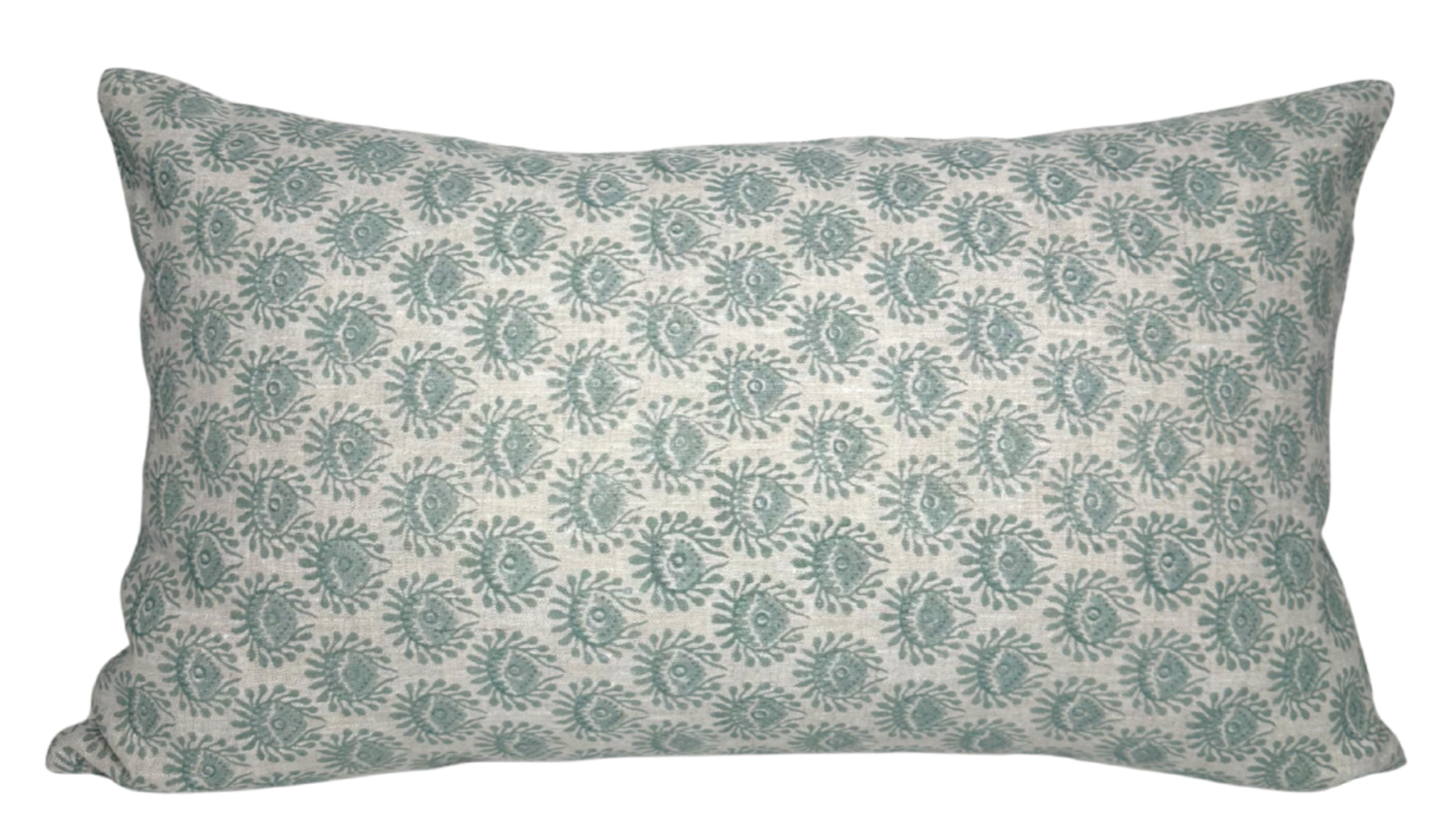 Lyon Pillow Cover in Celadon showing the printed front fabric and ivory linen back