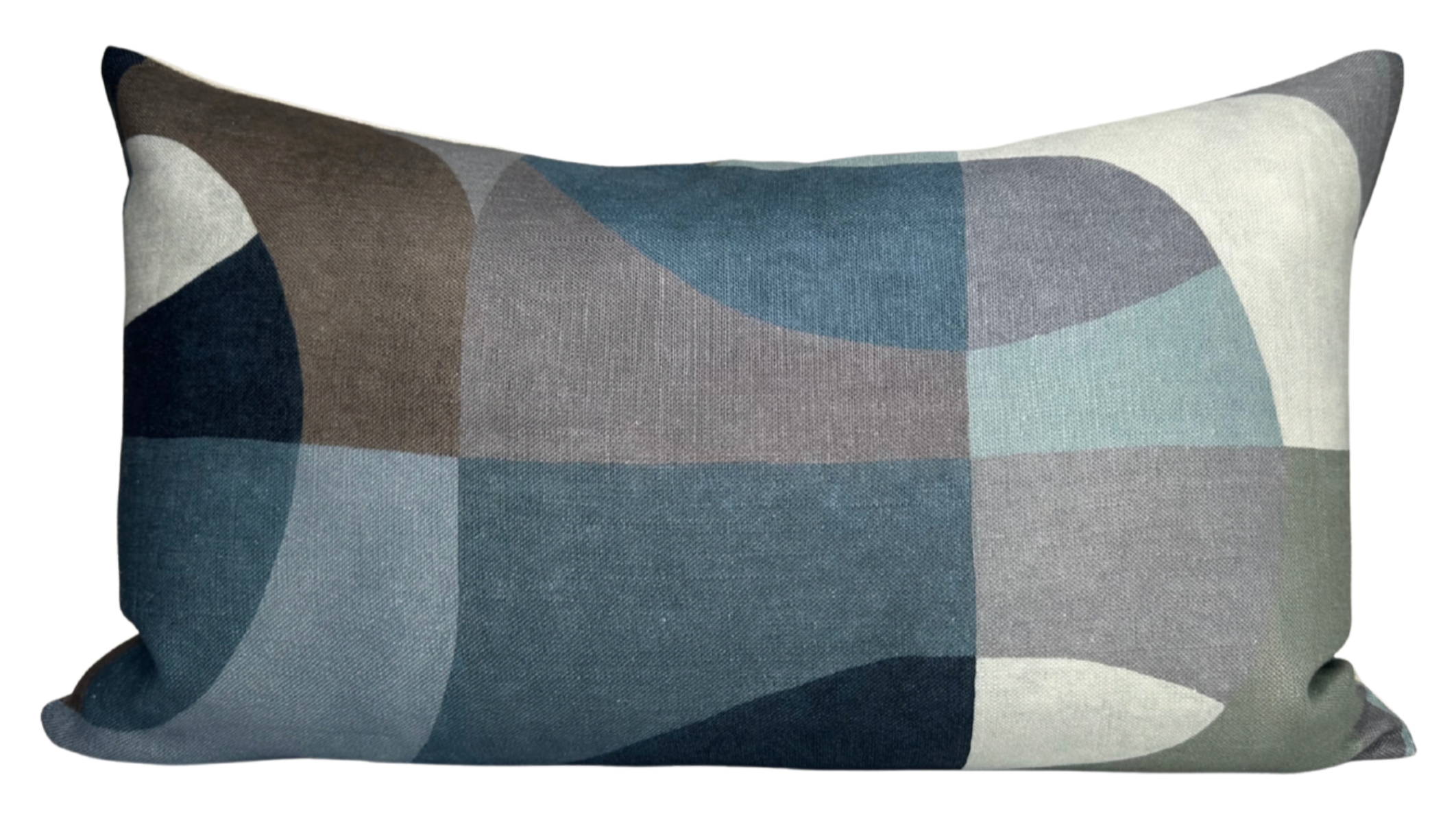 Colonnade Pillow Cover in Blue displayed on a sofa showing blue patterned front and ivory linen back