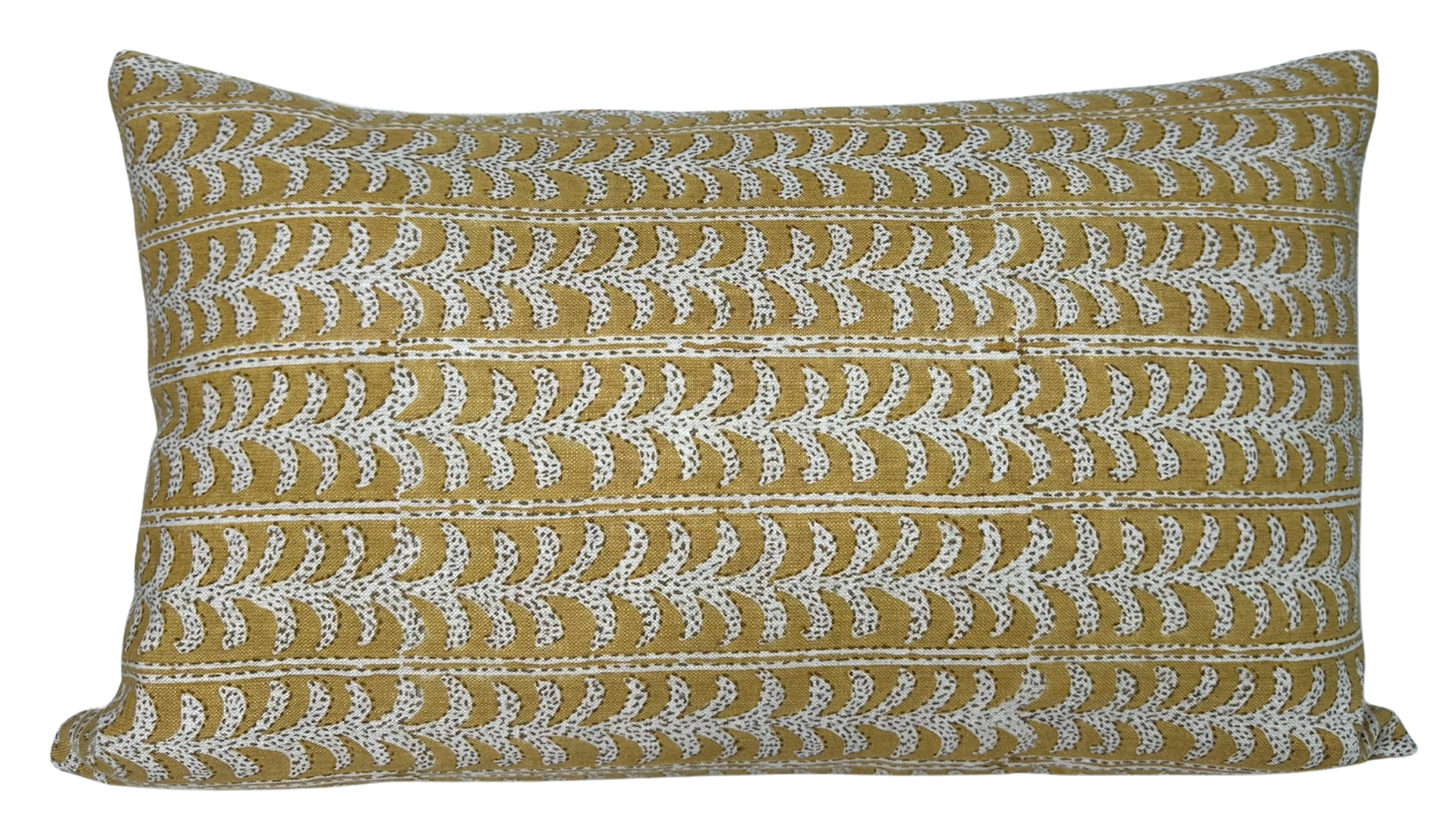 Luxor Pillow Cover in Saffron displaying the saffron printed front and ivory linen back fabric