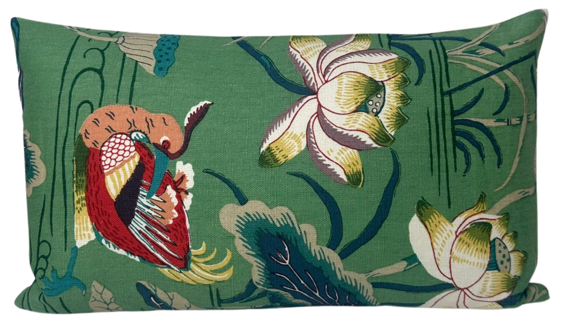Lotus Garden Pillow Cover in Jade with lotus print on front and ivory linen back