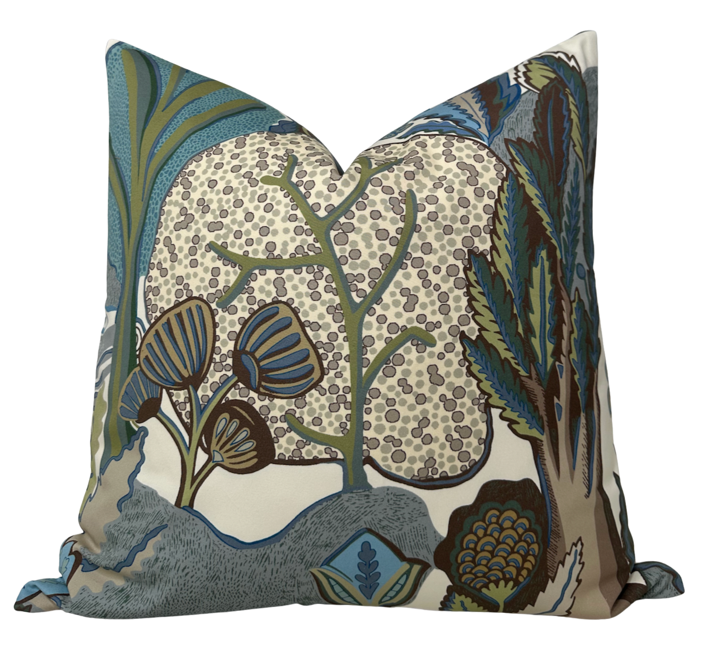 Albero Pillow Cover in Sage and Beige showing floral front and ivory linen backing