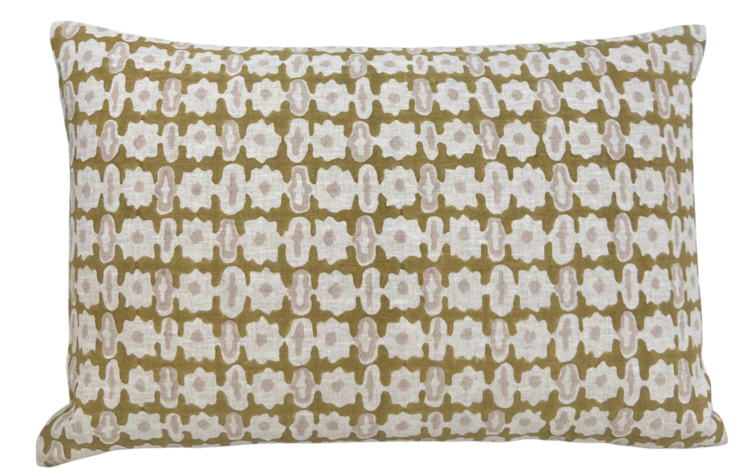 Pahari Pillow Cover in Saffron showing front printed saffron fabric and back ivory linen fabric