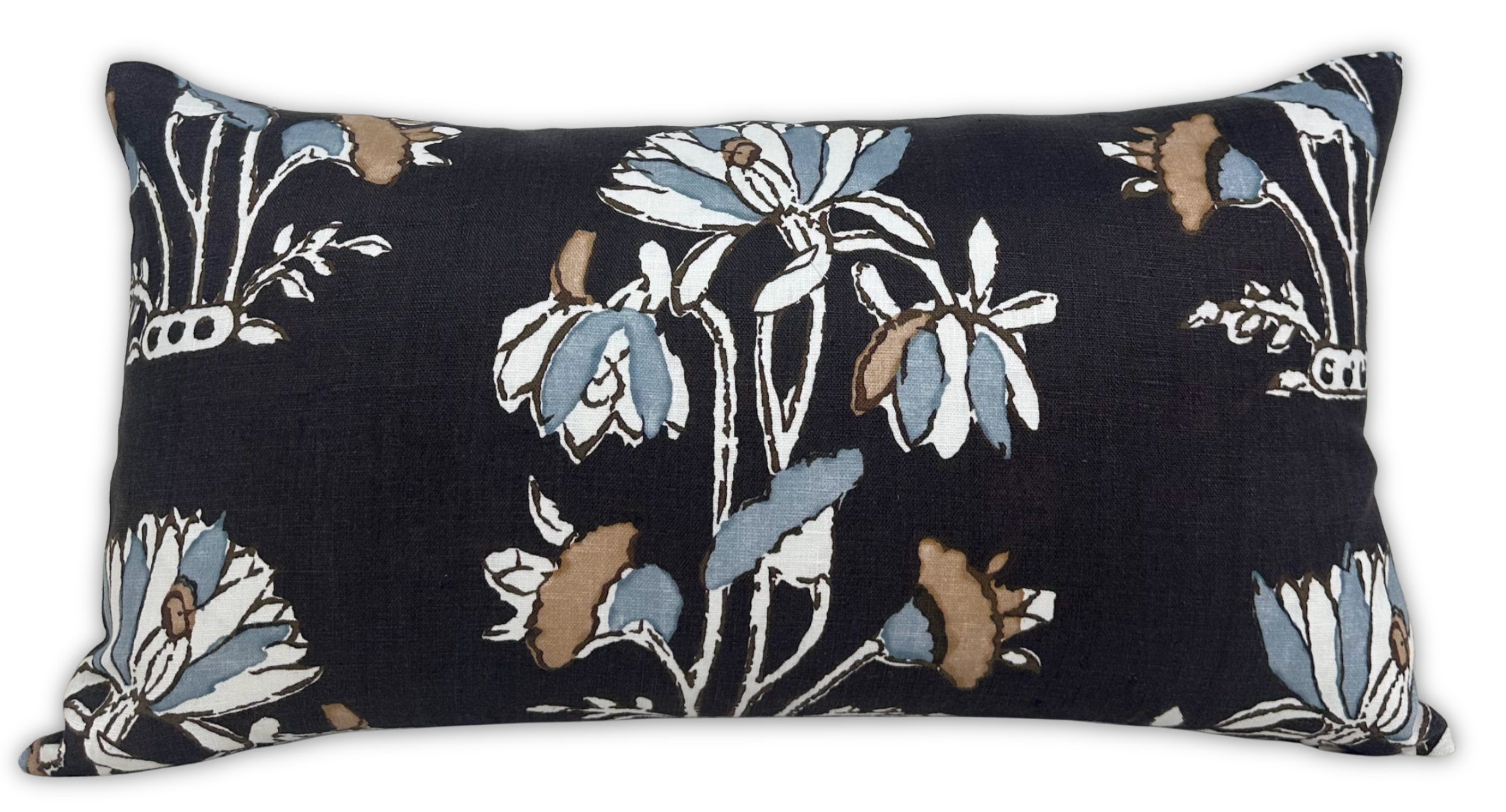 12x22 Lily Floral Pillow Cover in deep brown with ivory and soft blue floral accents