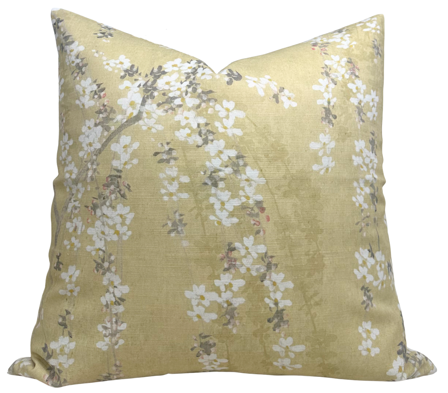 Weeping Blossom Pillow Cover in Gold displayed with floral printed fabric on front and ivory linen back