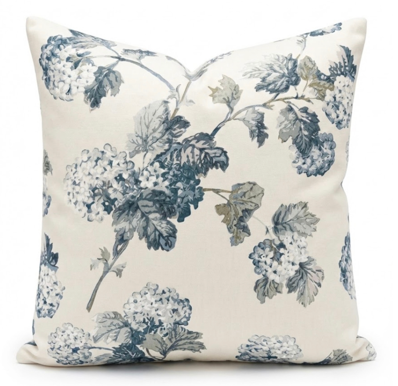 Sussex Hydrangea Pillow Cover in Slate Blue with floral pattern on a chair