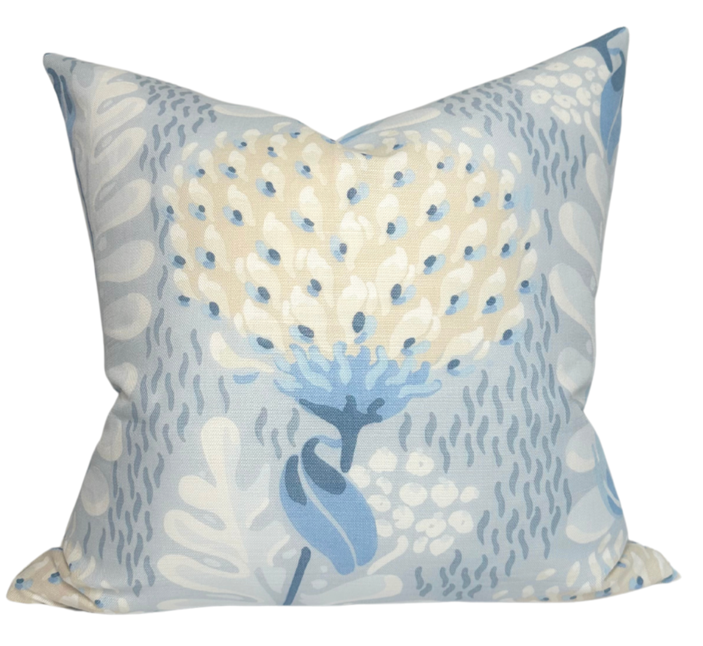 Thibaut Tiverton Pillow Cover in Spa Blue showing front printed fabric and ivory linen back fabric