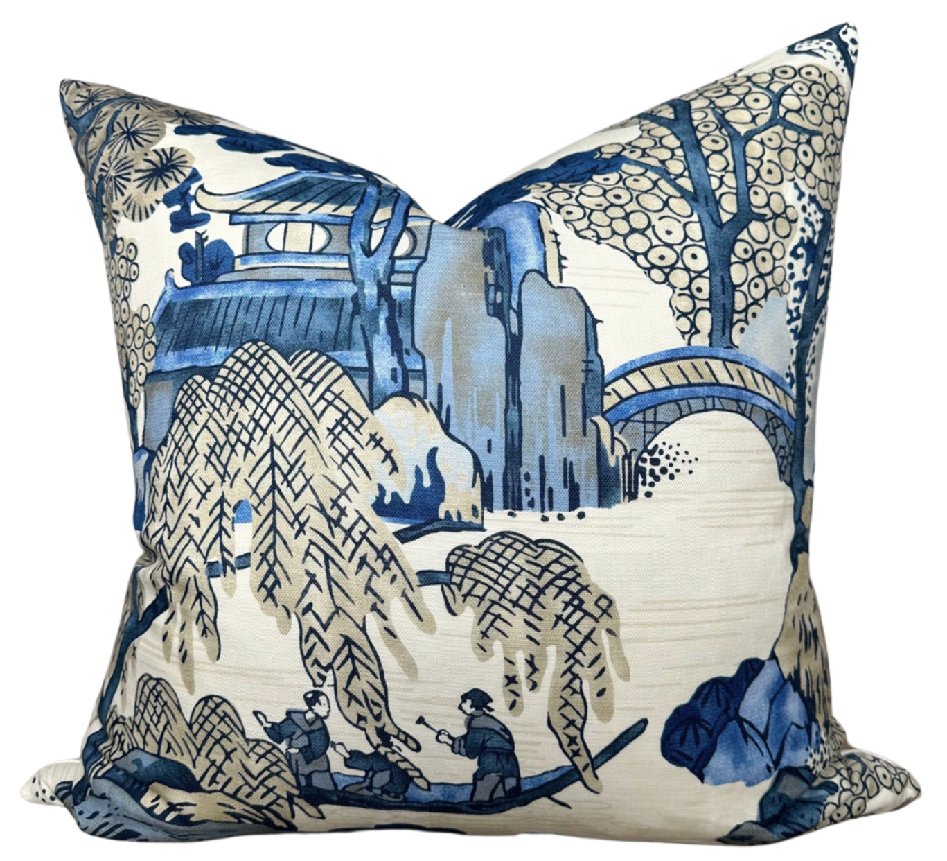 Asian Scenic Pillow Cover in Navy from DEKOWE showing floral pattern on navy fabric with ivory linen back