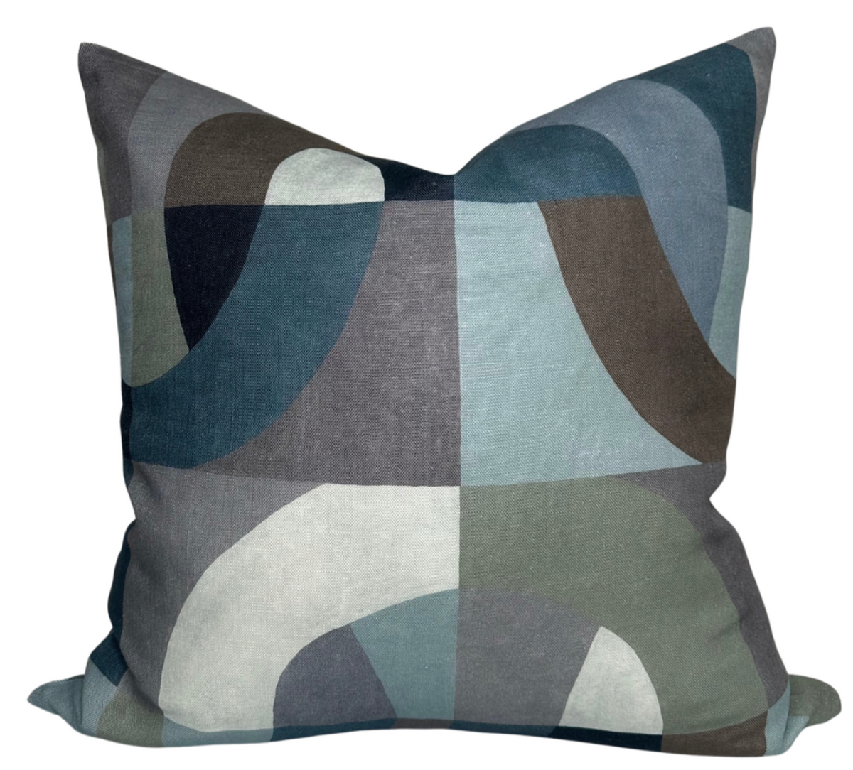 Colonnade Pillow Cover in Indigo showing indigo front print and ivory linen back
