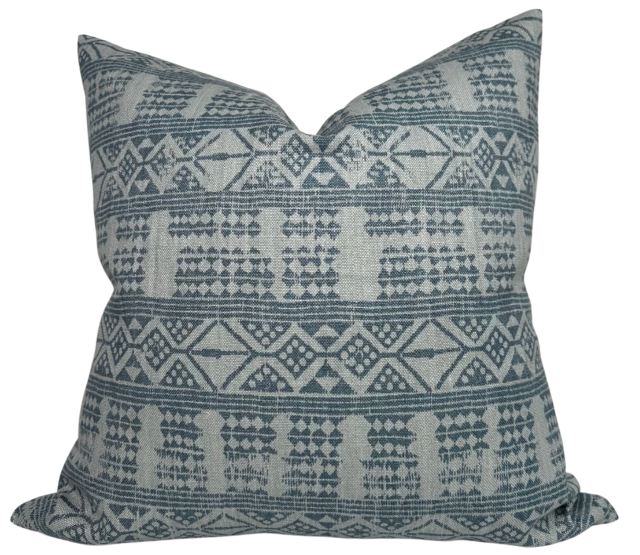Addis Pillow Cover in Mist Blue with Peter Dunham’s print front and navy linen back
