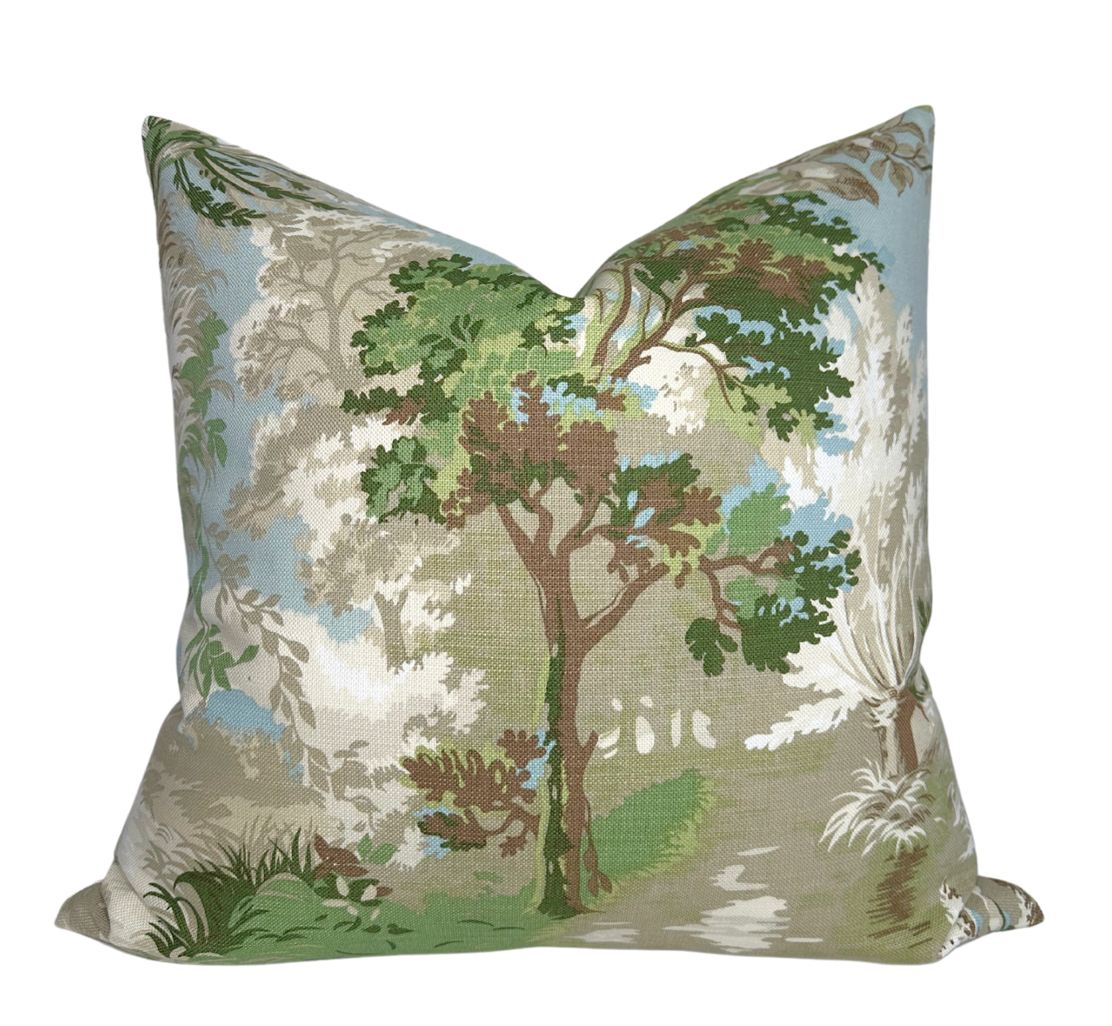 Green Lincoln Toile Pillow Cover front and ivory linen back fabric