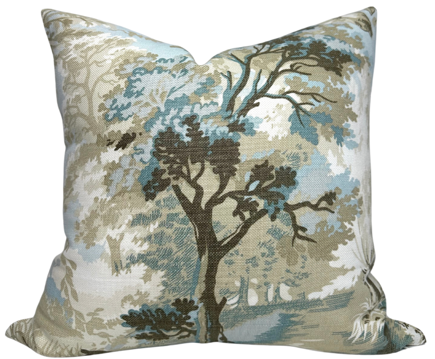 Lincoln Toile Pillow Cover in Light Blue displayed on sofa