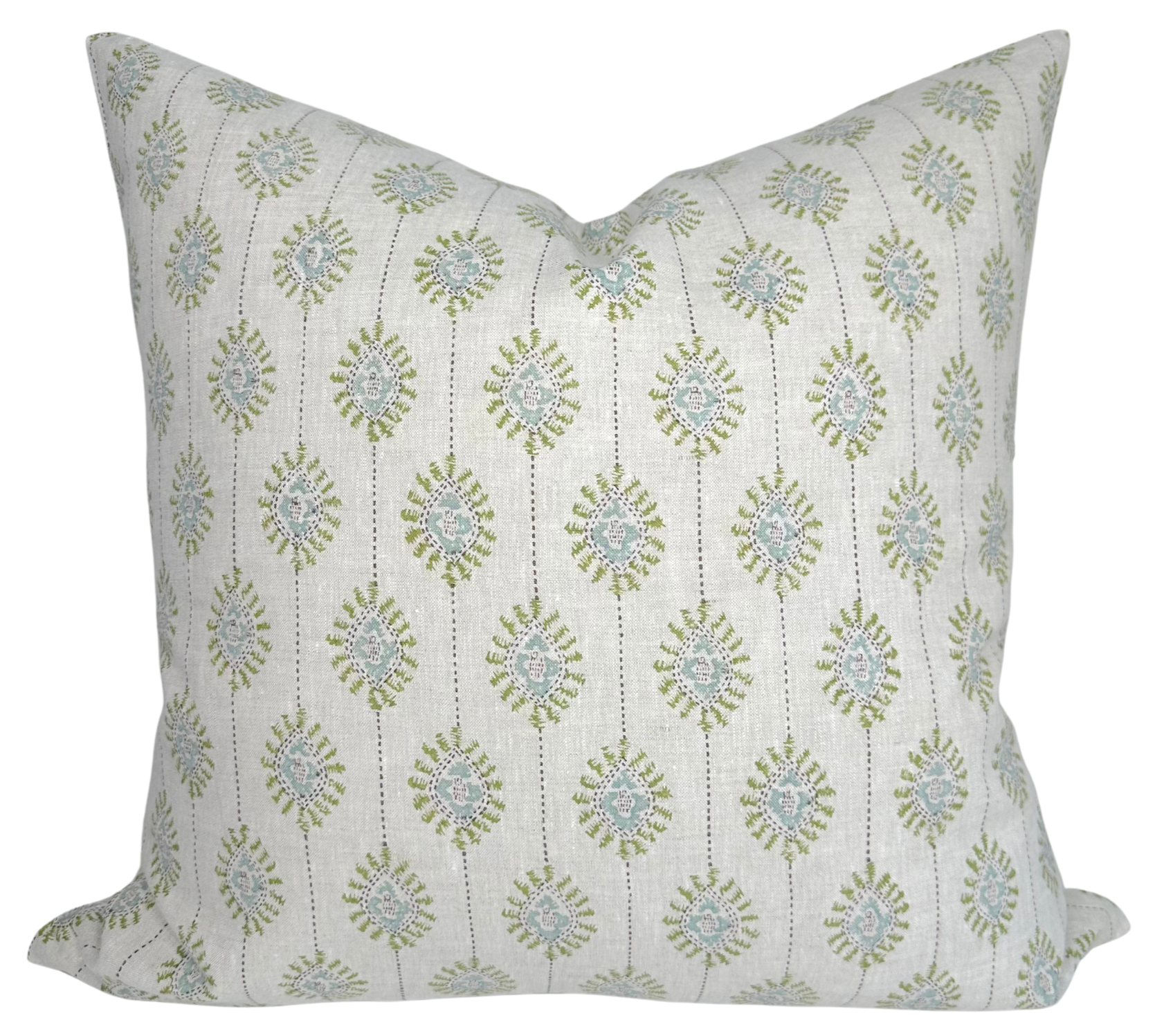 Bombay Pillow Cover in Moss showing green printed front fabric and ivory linen back