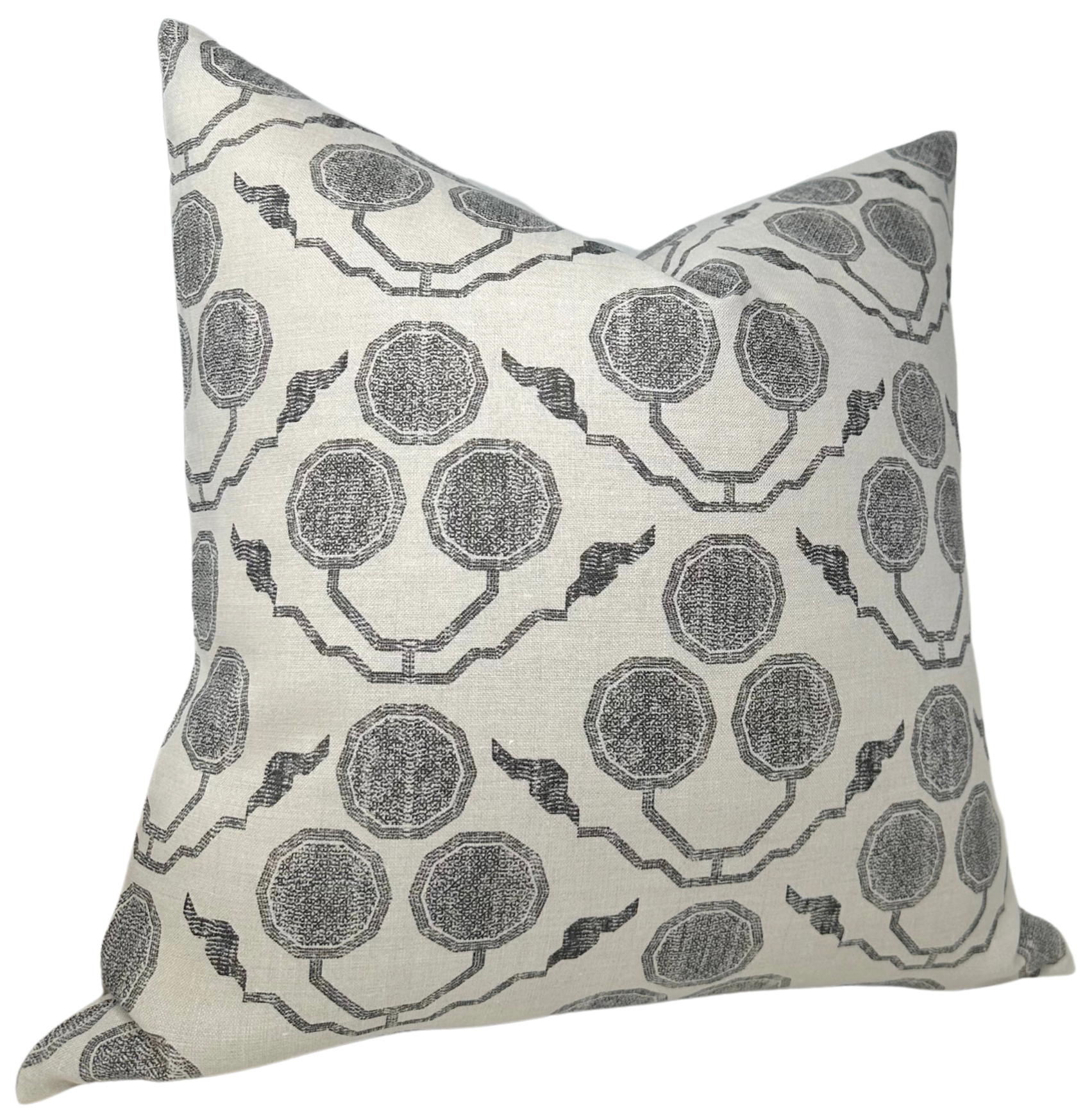Pommia Pillow Cover in Kohl showing printed front and ivory linen back fabrics