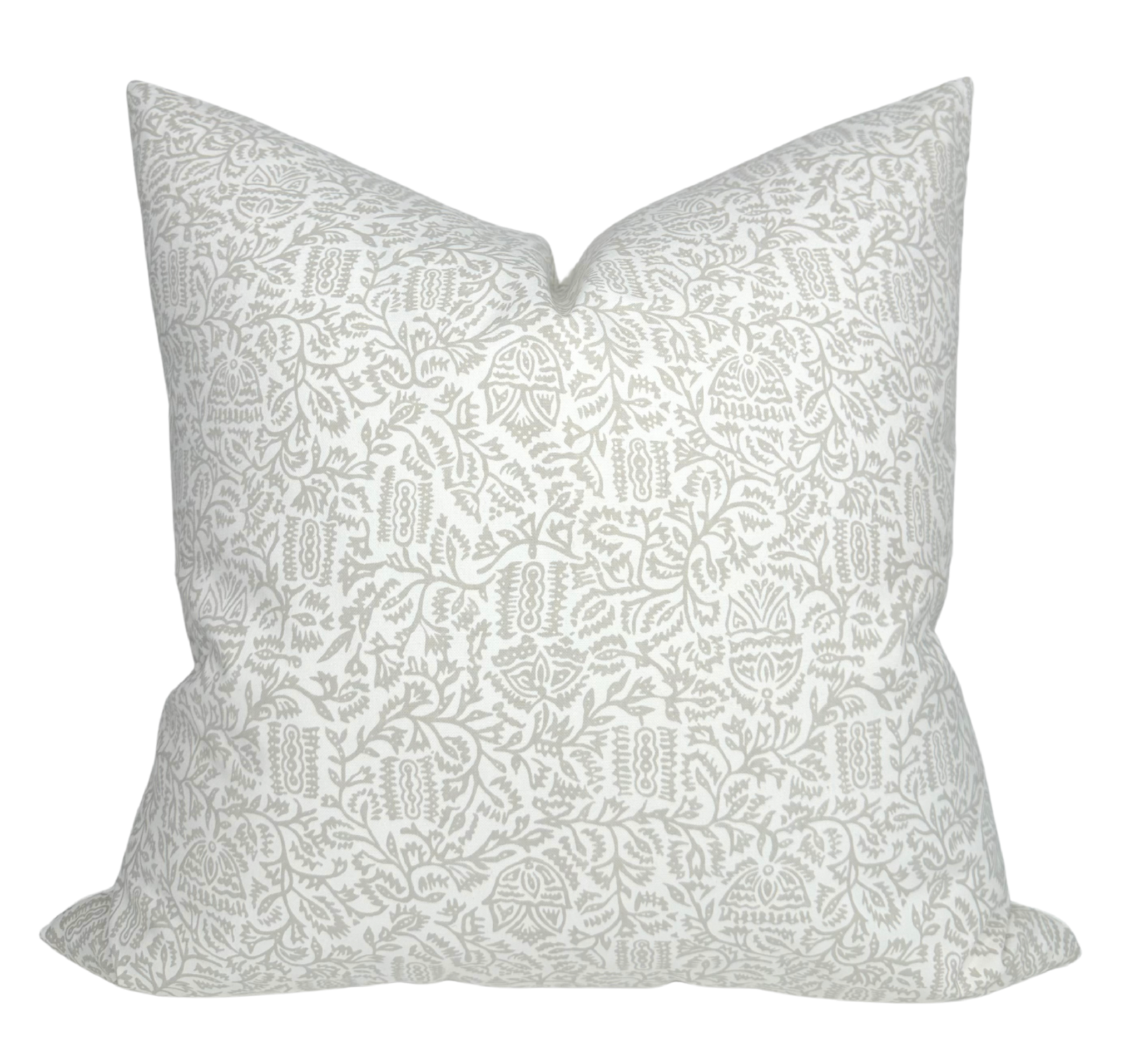 Morris Pillow Cover in Taupe with Schumacher Textiles, showing front printed fabric and ivory linen backing