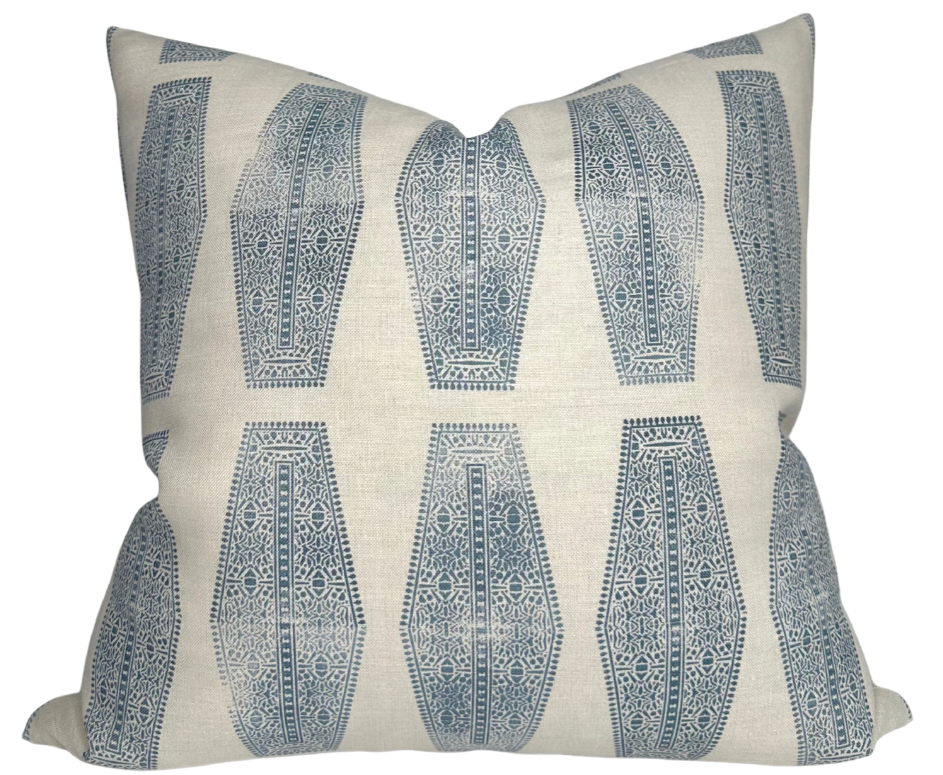 Inlay Pillow Cover in Lake Blue with ivory linen back view