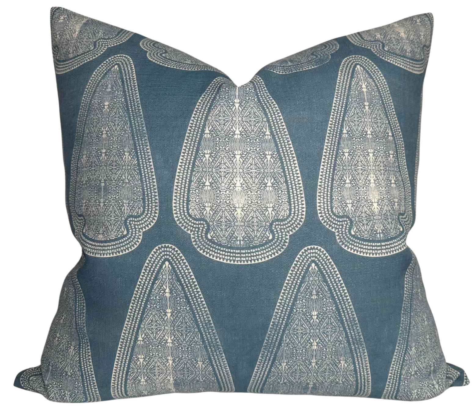 Artemis Pillow Cover in Lake Blue showing front with printed fabric and back with ivory linen