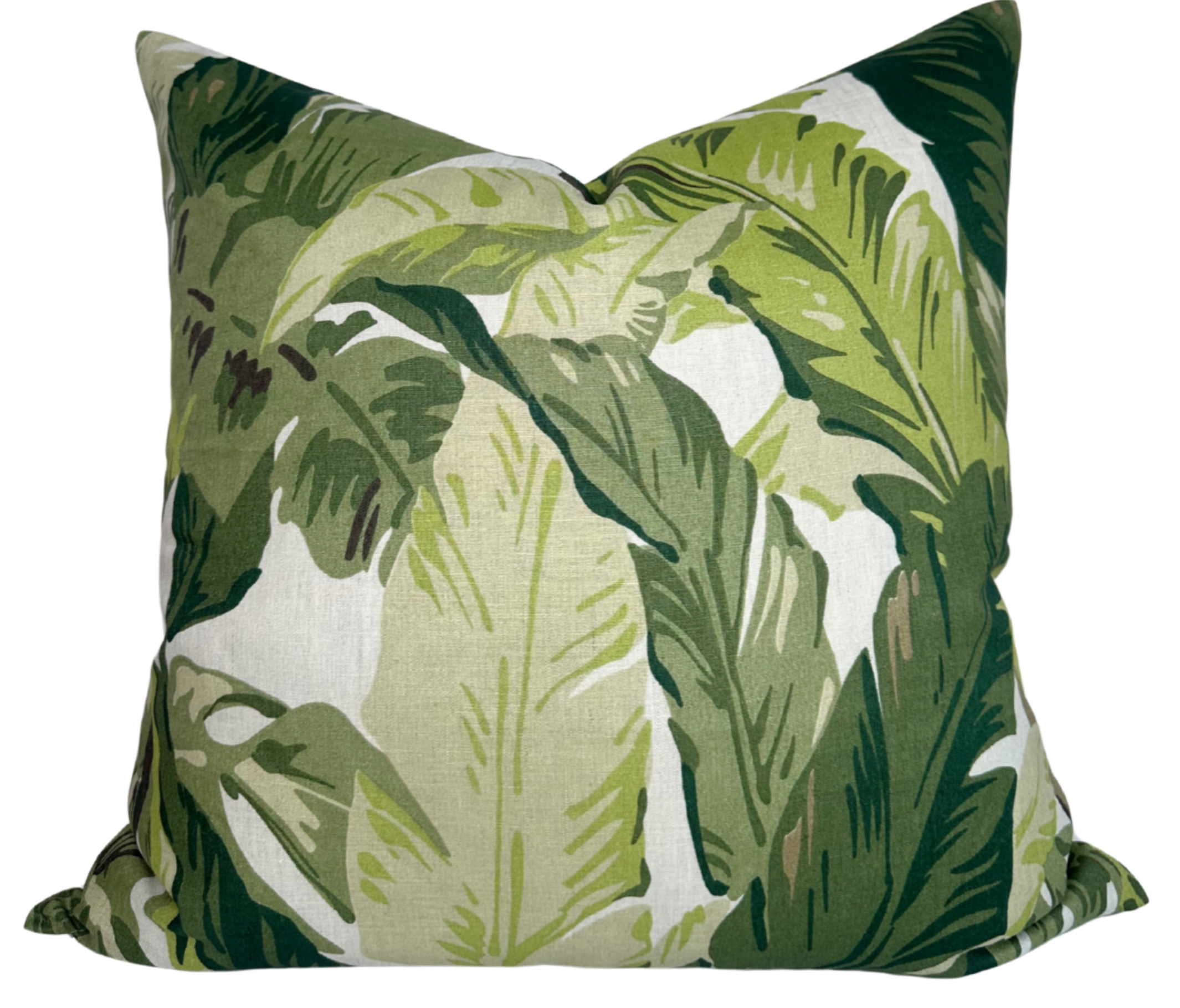 Travelers Palm Pillow Cover featuring palm print design in sage on front and ivory linen back