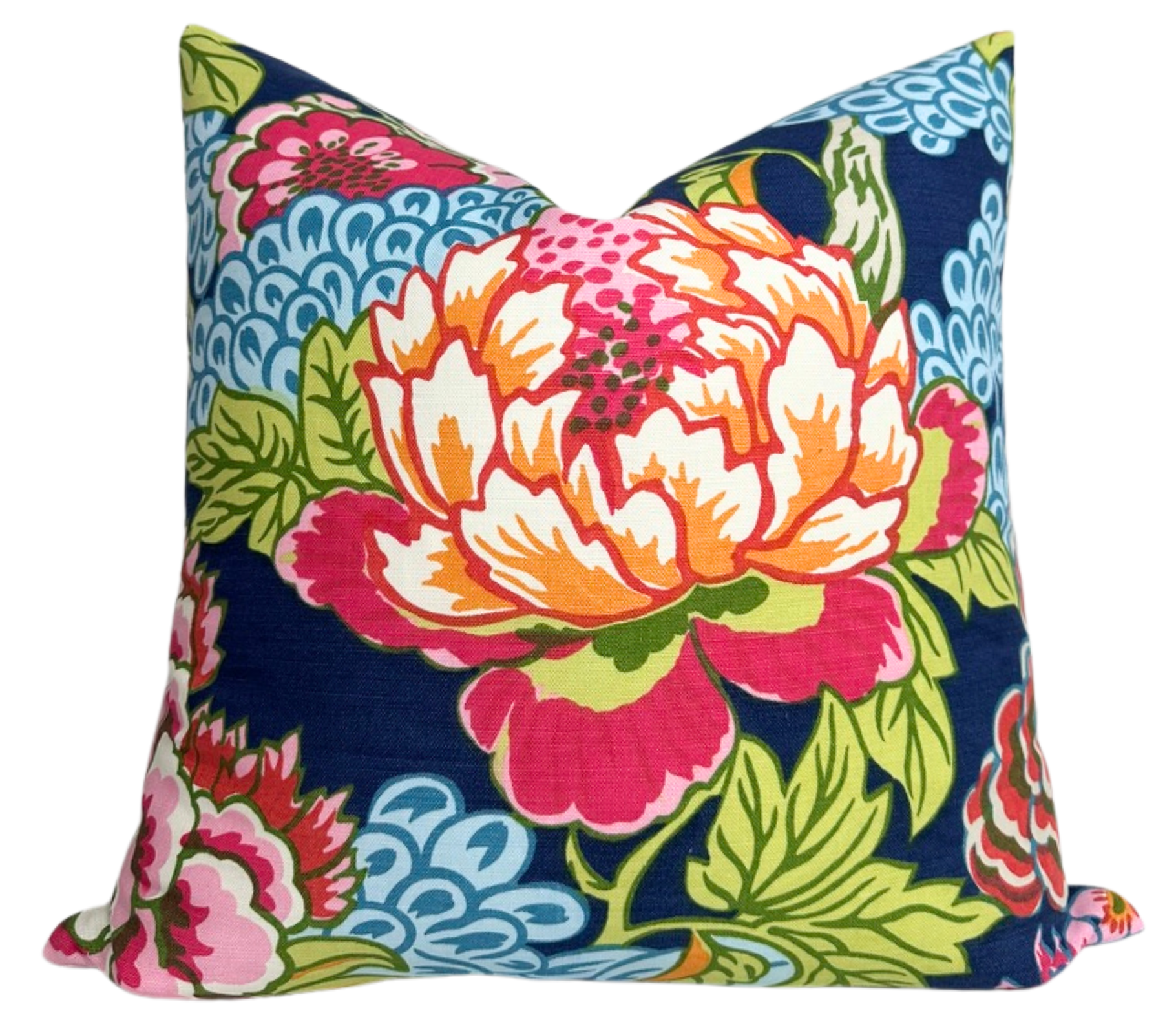 Honshu Pillow Cover in Navy showing cotton/linen floral front and navy linen back with invisible zipper