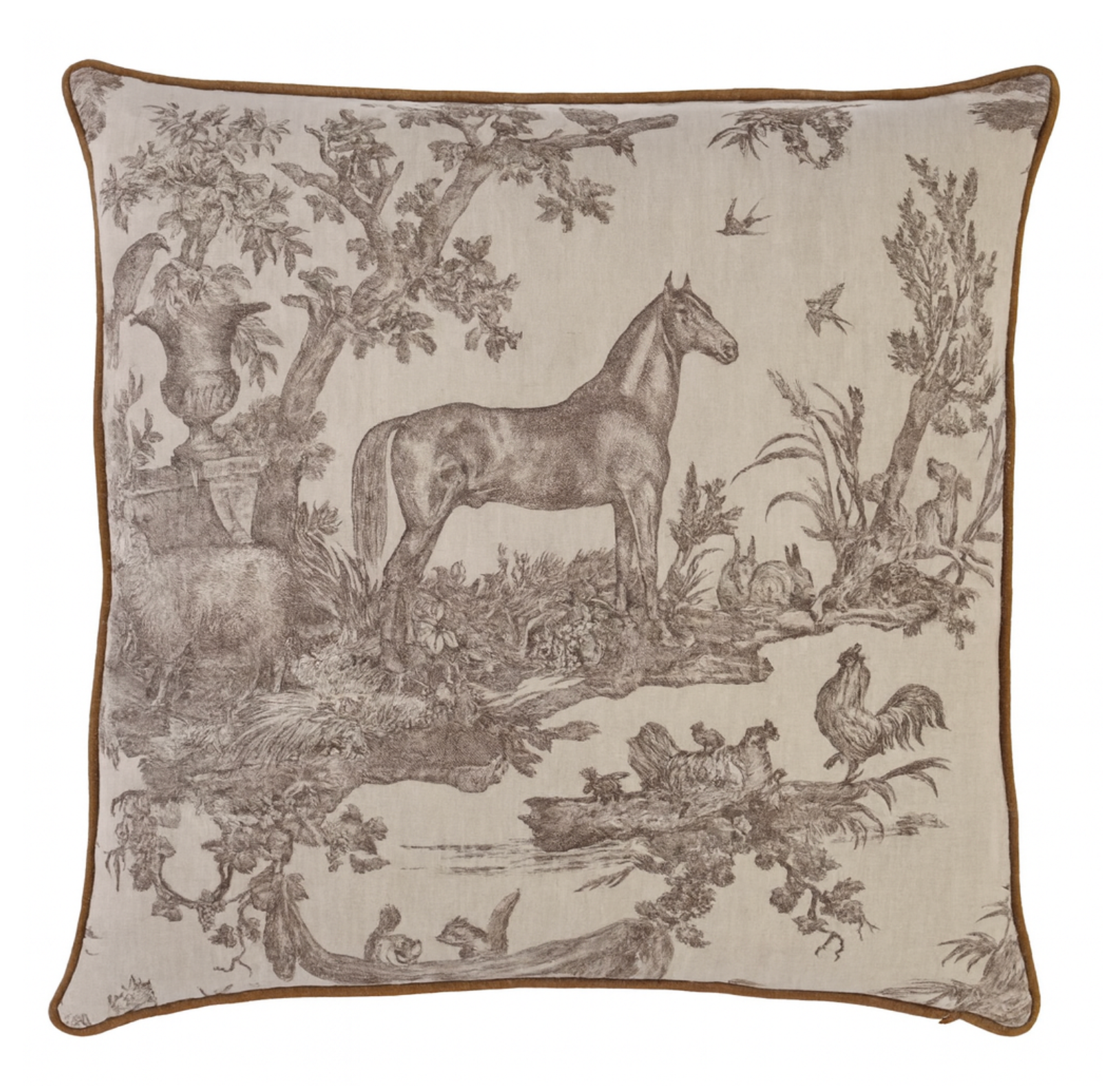 Western Toile Pillow Cover in Sepia Brown resting against a neutral backdrop, showing toile pattern and ivory linen back