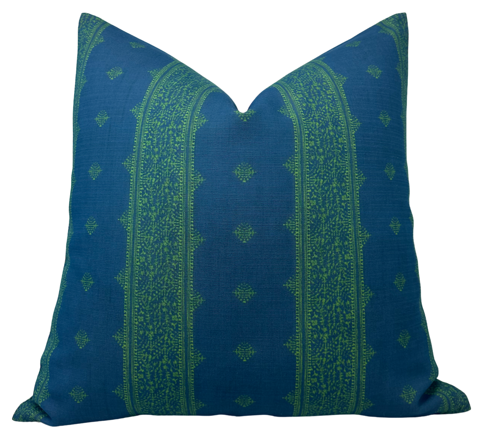 Fez Pillow Cover with green indigo geometric pattern front and ivory fabric back