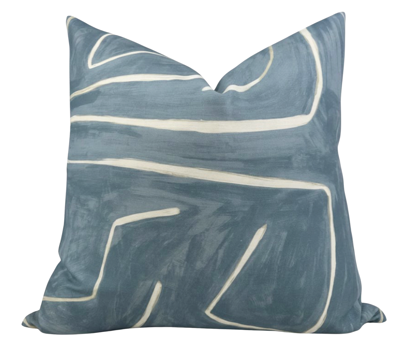 Graffito Pillow Cover in Deep Sky with abstract blue and white linen fabric alongside ivory linen backing