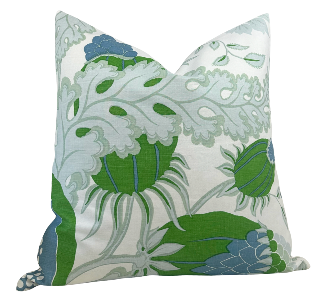 Carnival Parakeet pillow cover with floral pattern and ivory linen backing
