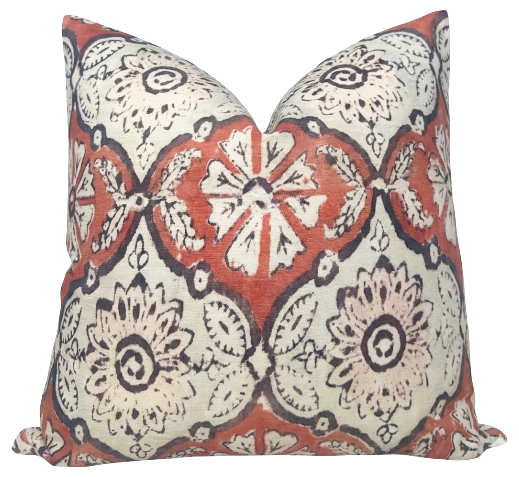 Minnie Maharani Pillow Cover in Ruby Red, showing intricate pattern and ivory linen backing