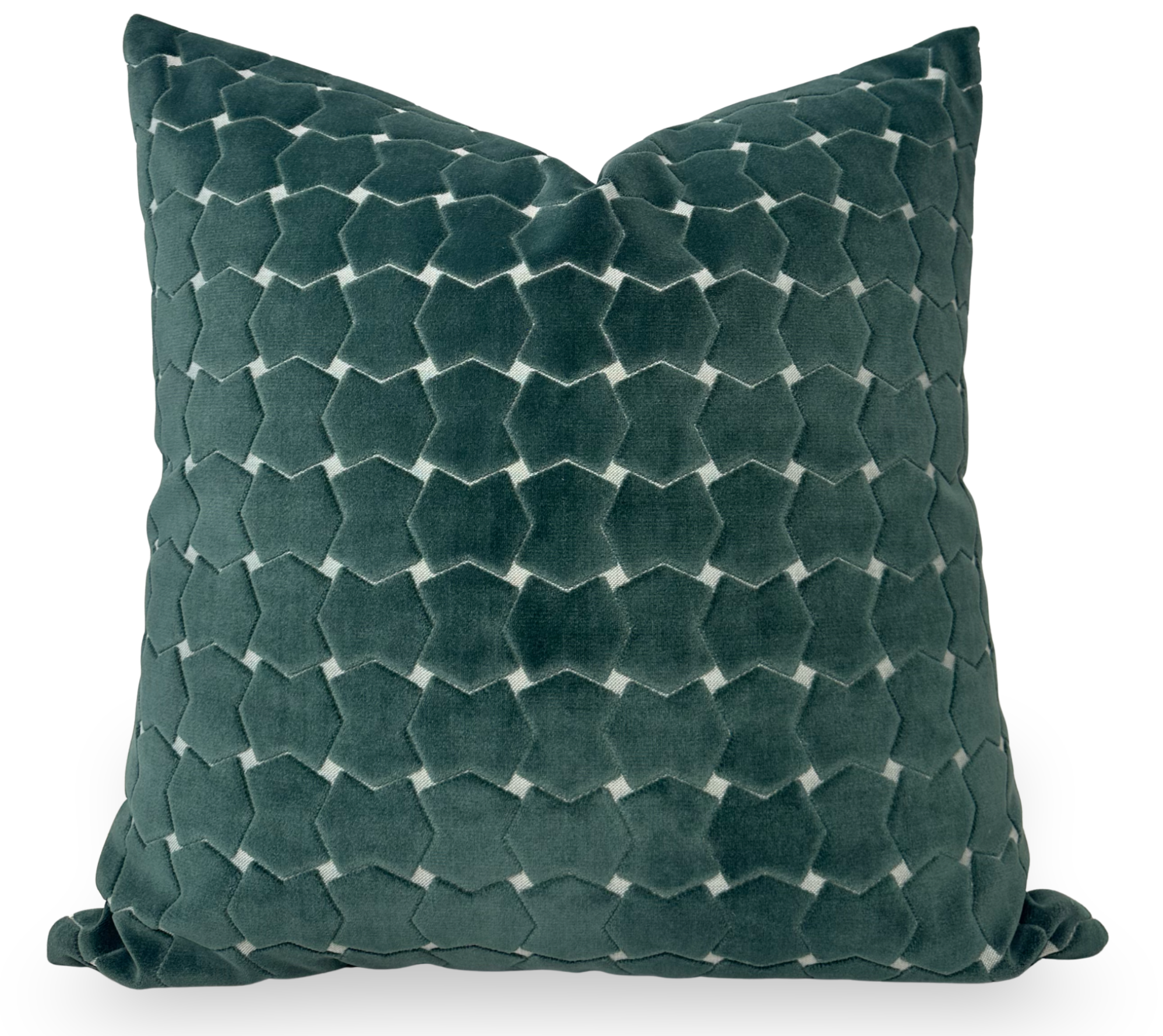 Hinge Velvet Pillow Cover in Seafoam Green displayed on a sofa