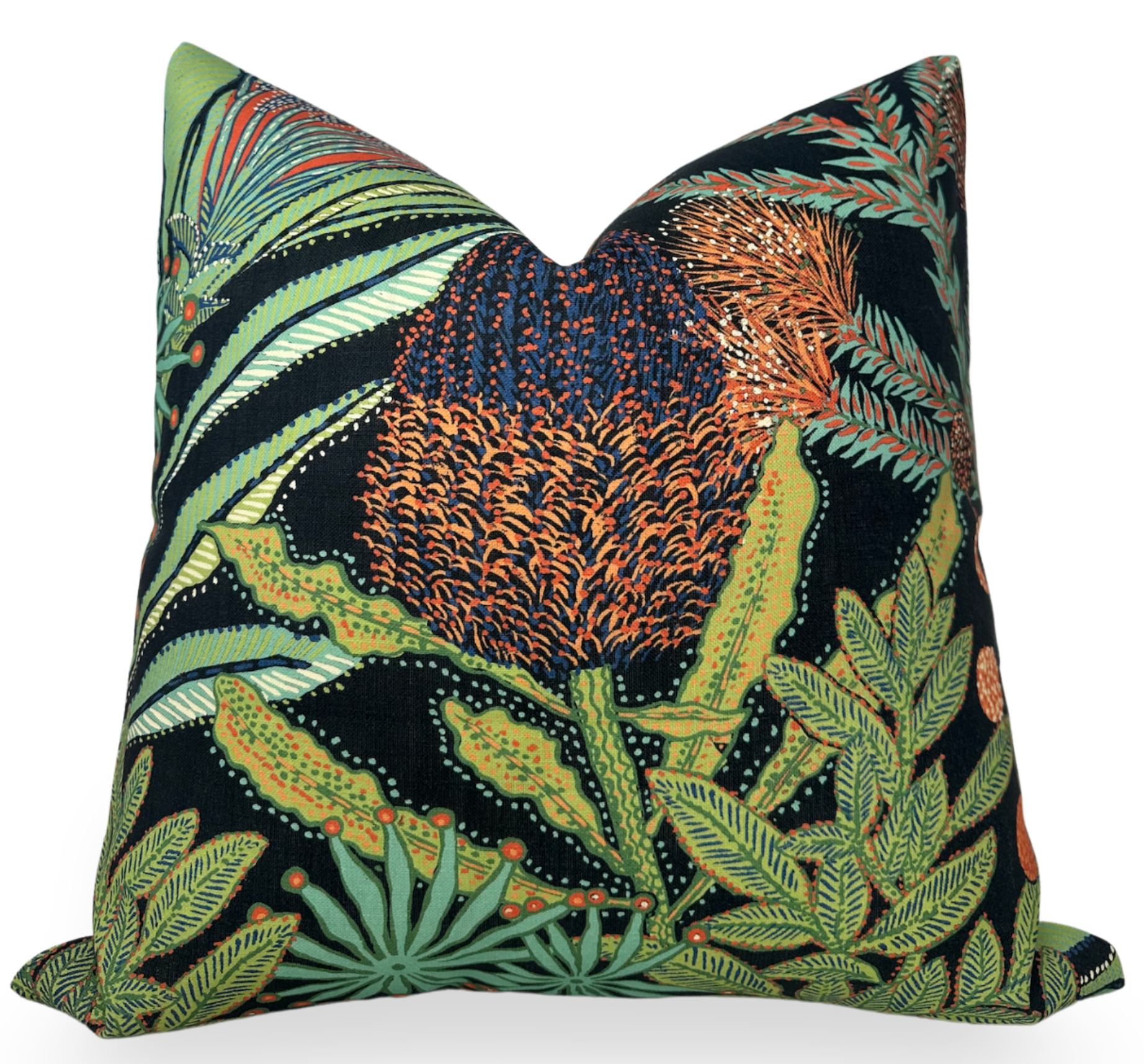 Protea Performance Pillow Cover in Black featuring floral Thibaut fabric print on sofa