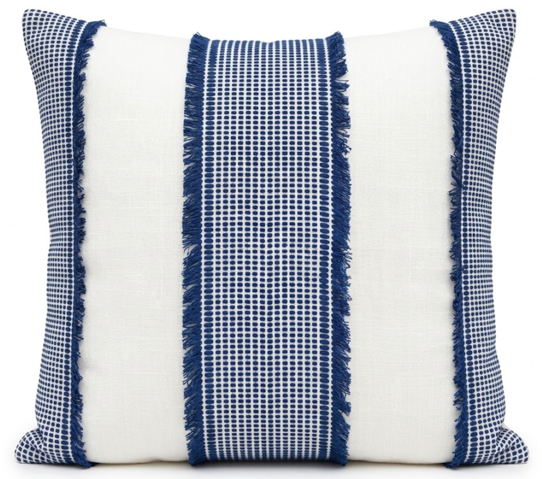 Tulum Casement Embroidered Pillow Cover in Blue resting on a chair with neutral background