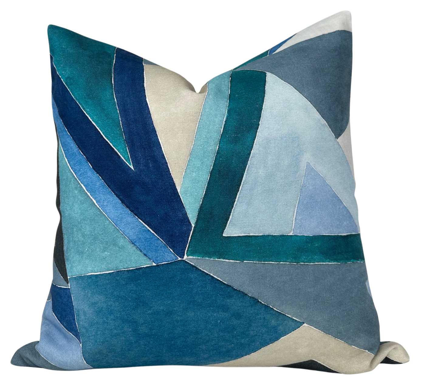 Roulade Pillow Cover in Navy Blue showing abstract pattern and ivory linen back