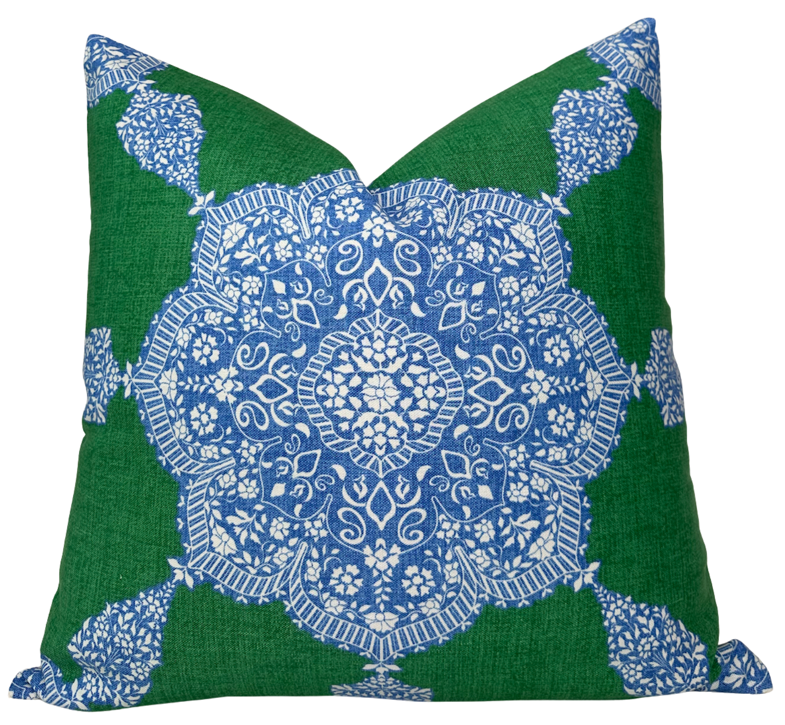 Blue and green medallion patterned pillow cover with ivory linen back