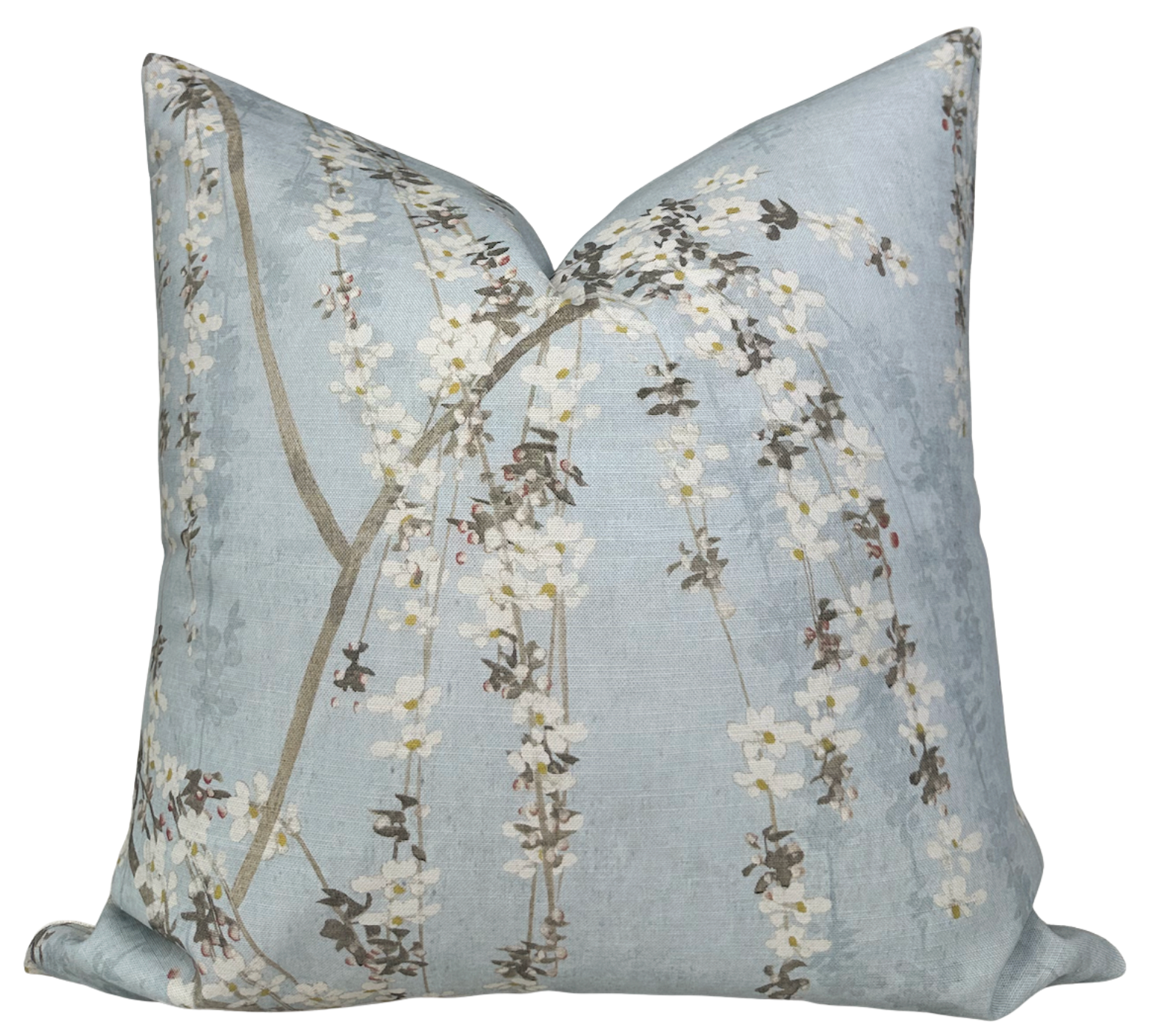 Weeping Blossom Blue pillow cover with floral print on top and ivory linen backing