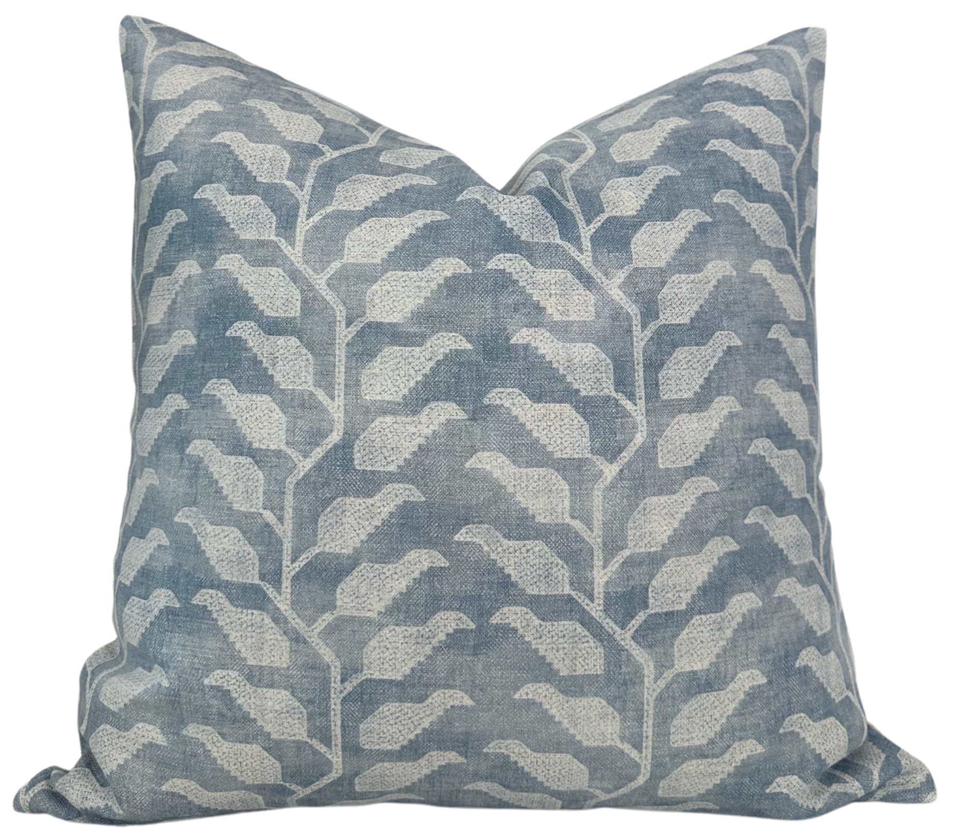 Folio Pillow Cover in lake blue on a white background showing front and back fabrics